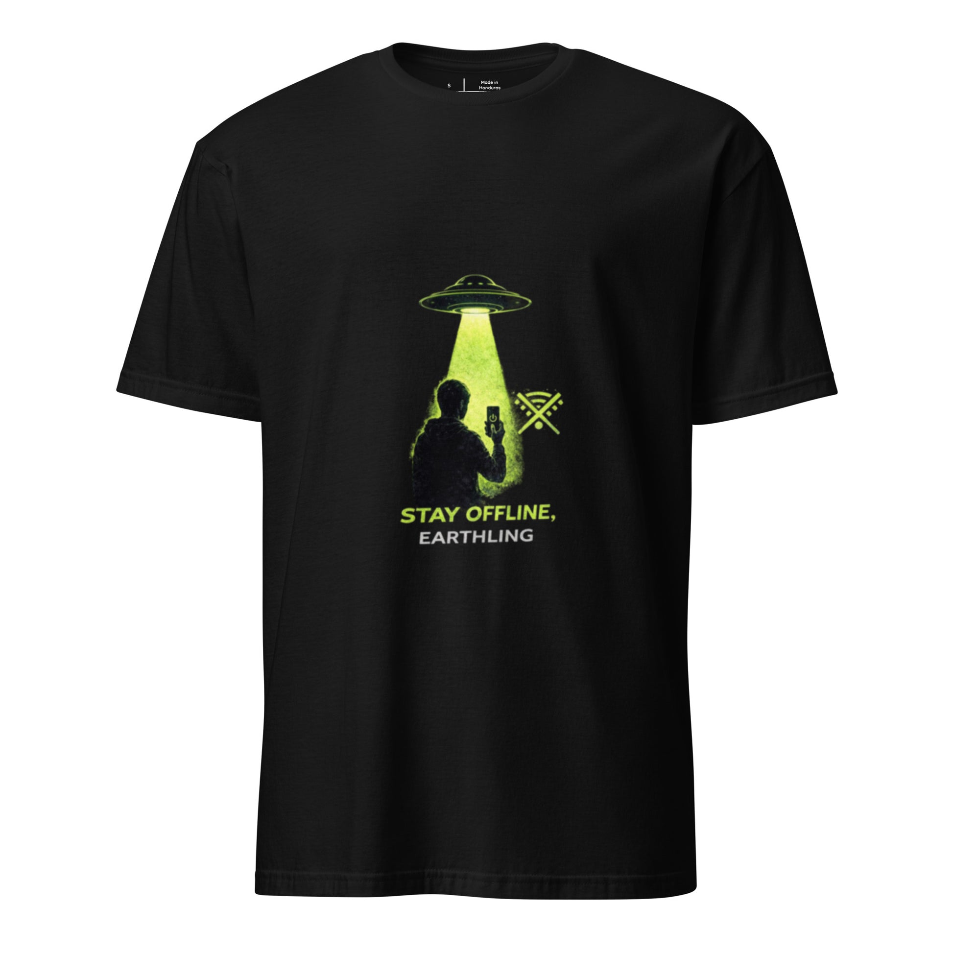 Stay Offline, Earthling – Minimal Sci-Fi Humour - Short-Sleeve Unisex T-Shirt - Graphic Tee - Black - Front