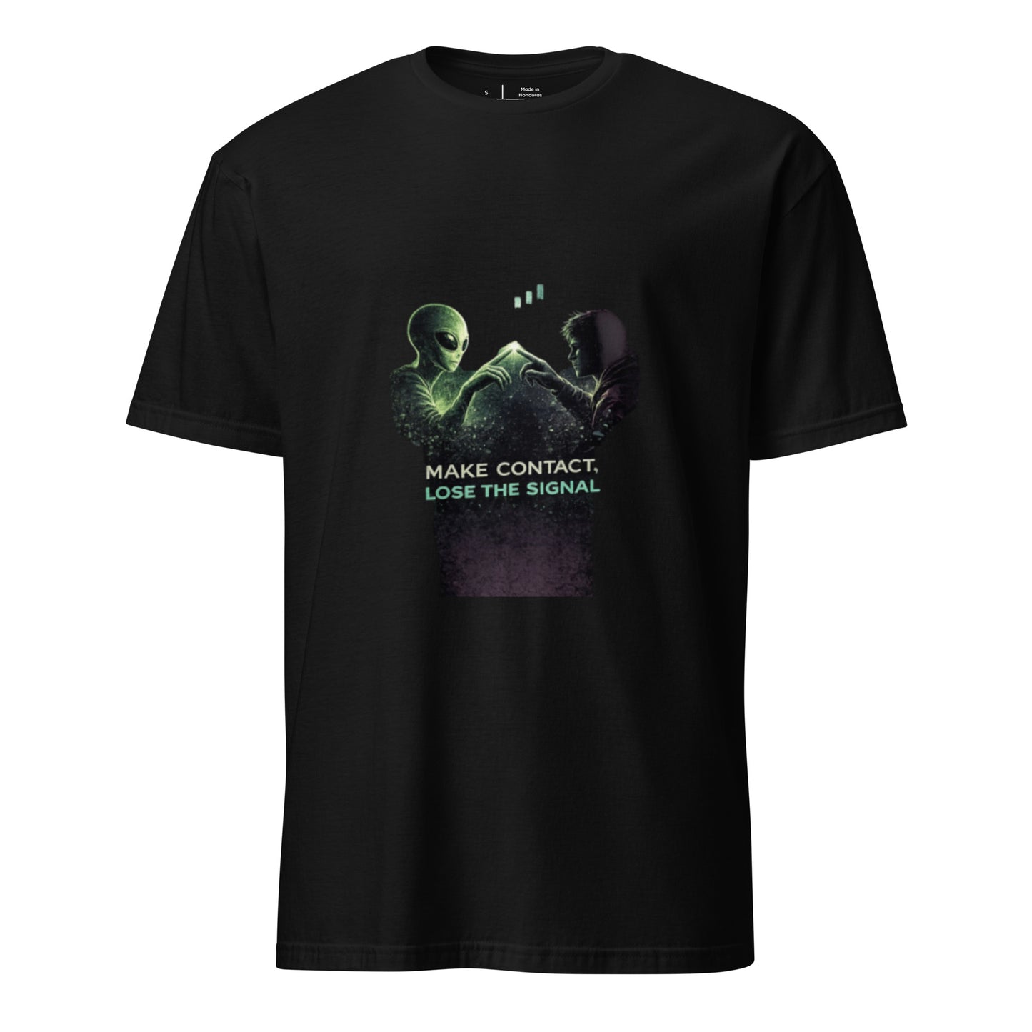 Make Contact, Lose the Signal – Minimal Sci-Fi Streetwear - Short-Sleeve Unisex T-Shirt - Graphic Tee - Black - Front