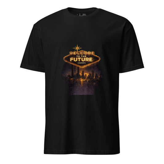 Welcome to the Future (Sorry) – Cyber Noir Streetwear - Short-Sleeve Unisex T-Shirt - Graphic Tee - Black - Front