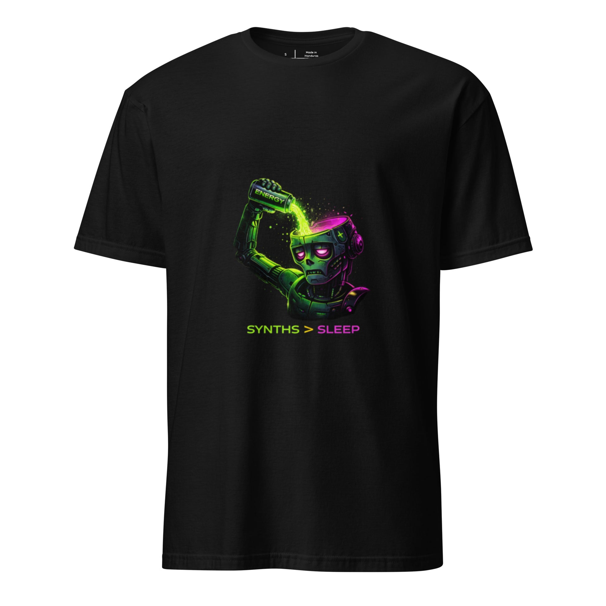 Energy Needed: Synths > Sleep – Cyber Rave - Short-Sleeve Unisex T-Shirt - Graphic Tee - Black - Front