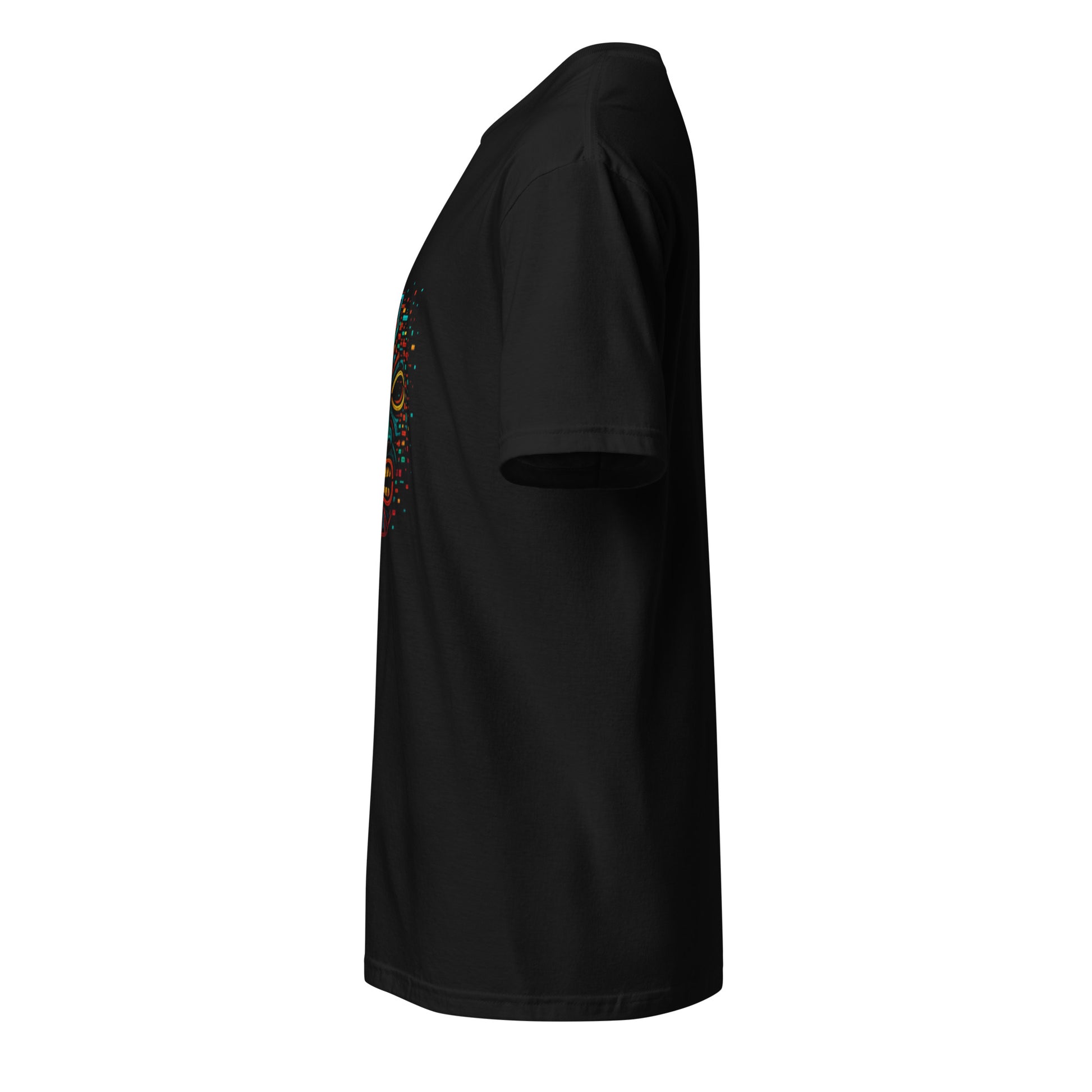 Glitch Totem Mask – Tribal Cyberpunk - Short-Sleeve Unisex T-Shirt - Graphic Tee - Black - Left side
