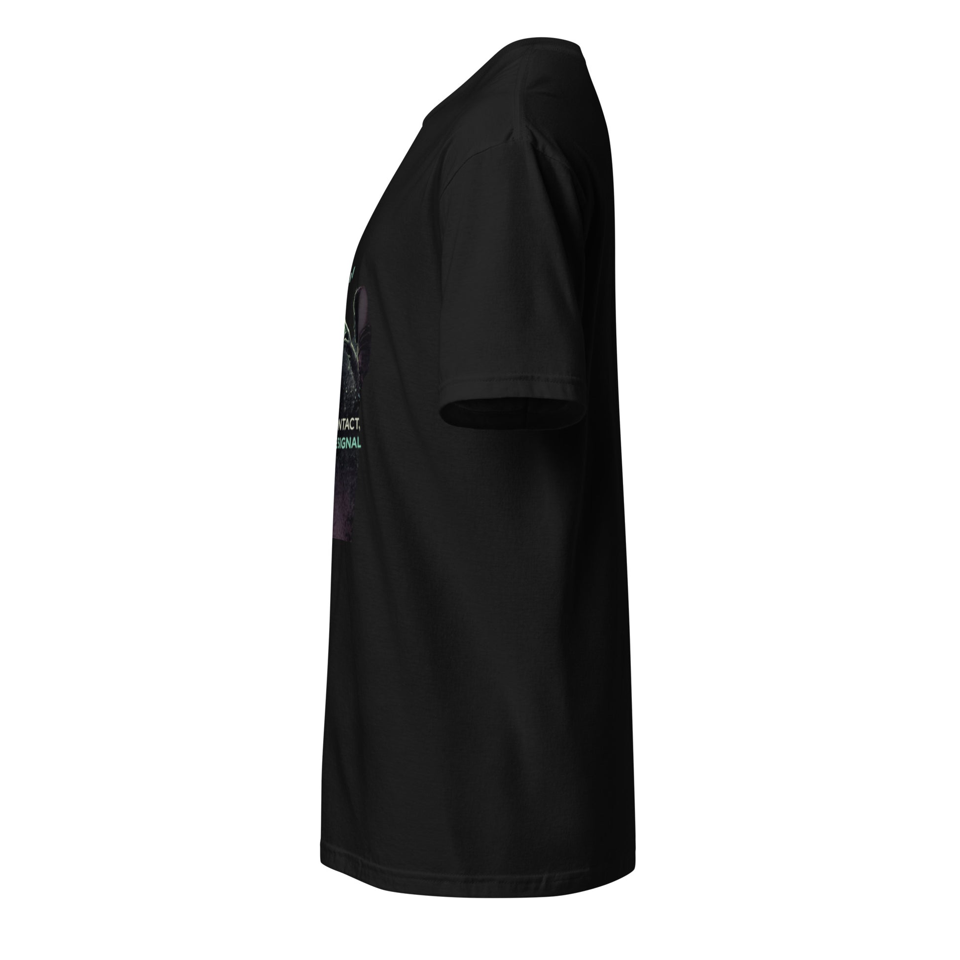 Make Contact, Lose the Signal – Minimal Sci-Fi Streetwear - Short-Sleeve Unisex T-Shirt - Graphic Tee - Black - Left side