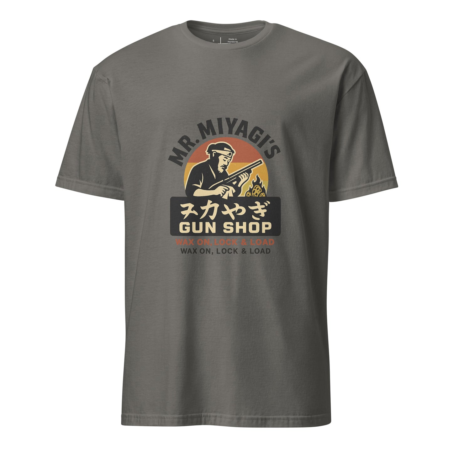 Mr. Miyagi’s Gun Shop – Wax On, Lock & Load - Short-Sleeve Unisex T-Shirt - Graphic Tee - Charcoal - Front