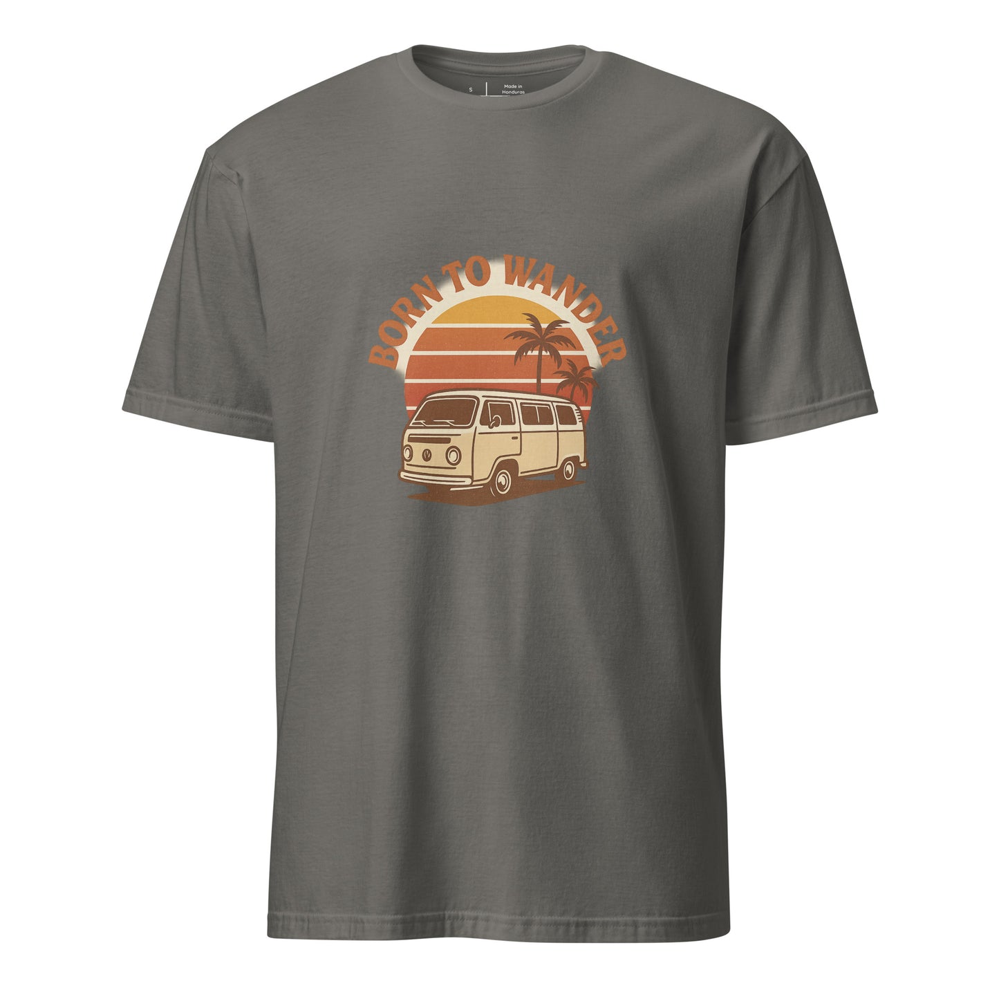 Born To Wander – Sunset Camper Edition - Short-Sleeve Unisex T-Shirt - Graphic Tee - Charcoal - Front