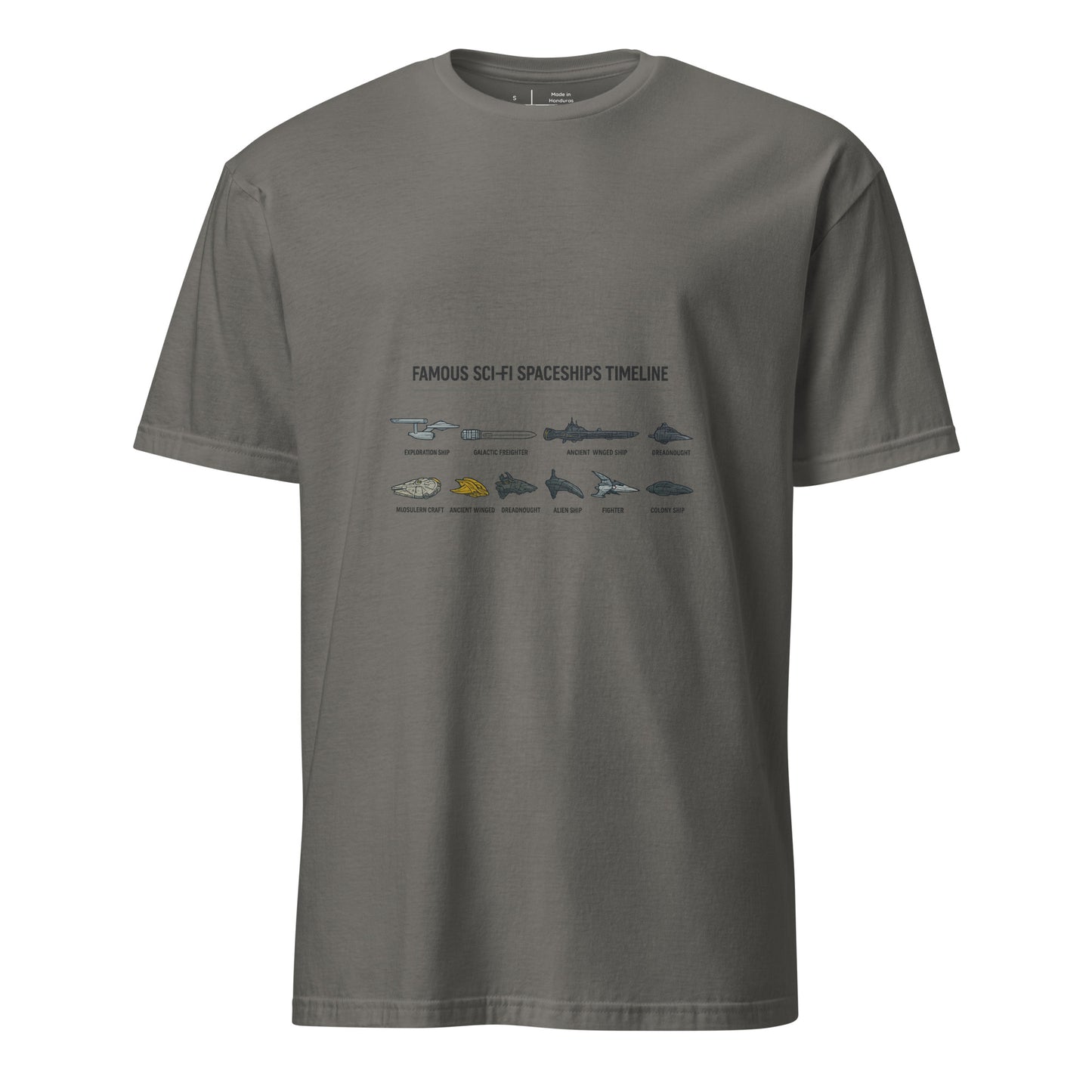 Famous Sci-Fi Starships Timeline – Legendary Vessels - Short-Sleeve Unisex T-Shirt - Graphic Tee - Charcoal  - Front