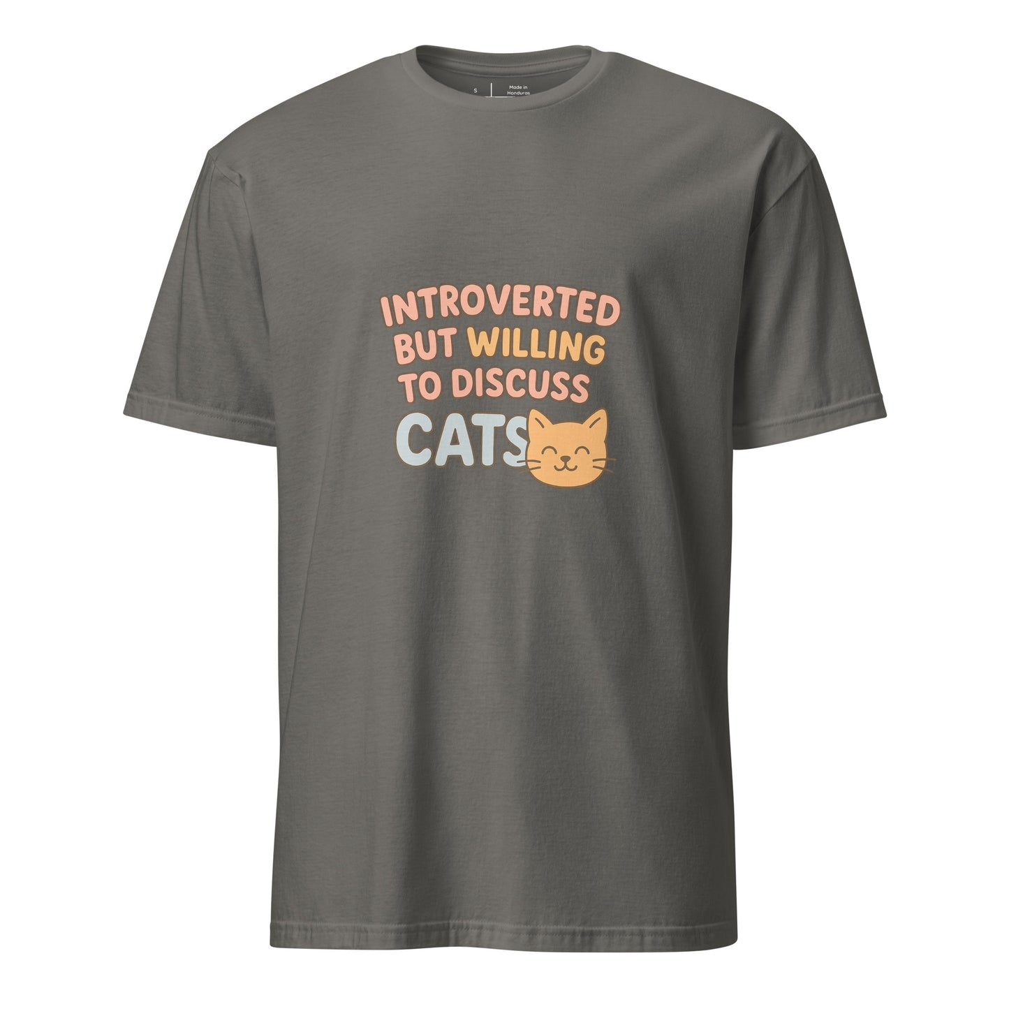 Introverted But Willing To Discuss Cats – Cozy Cat Lovers - Short-Sleeve Unisex T-Shirt - Graphic Tee - Charcoal - Front