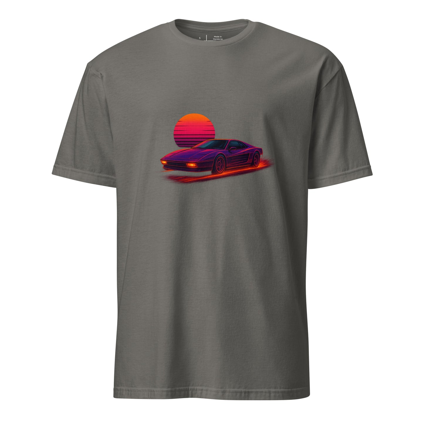 Synthwave Supercar – Race Into The Neon Future - Short-Sleeve Unisex T-Shirt - Graphic Tee - Charcoal - Front