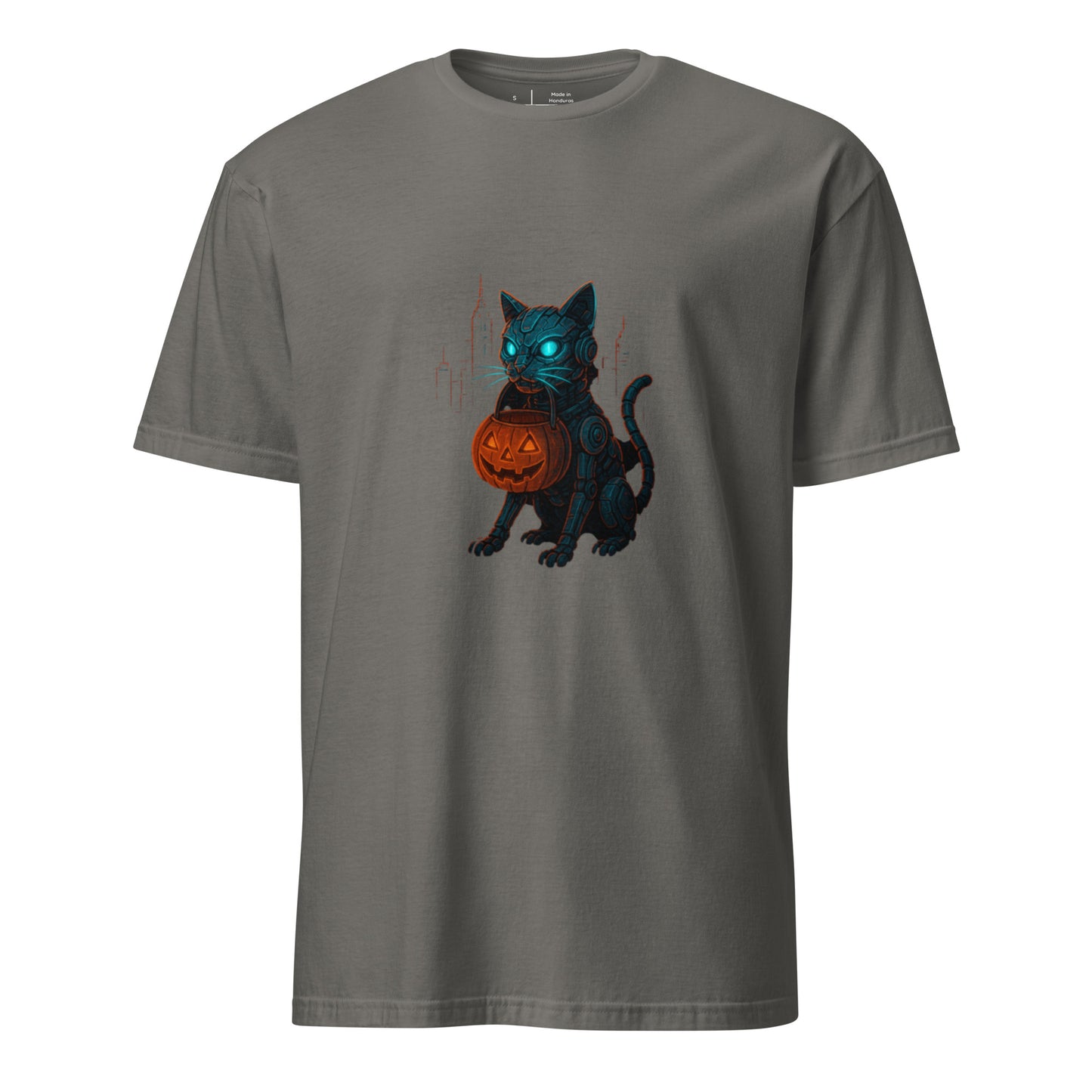 Trick-or-Treat Cyborg Cat – Cyberpunk Halloween Glow - Short-Sleeve Unisex T-Shirt - Graphic Tee - Charcoal - Front
