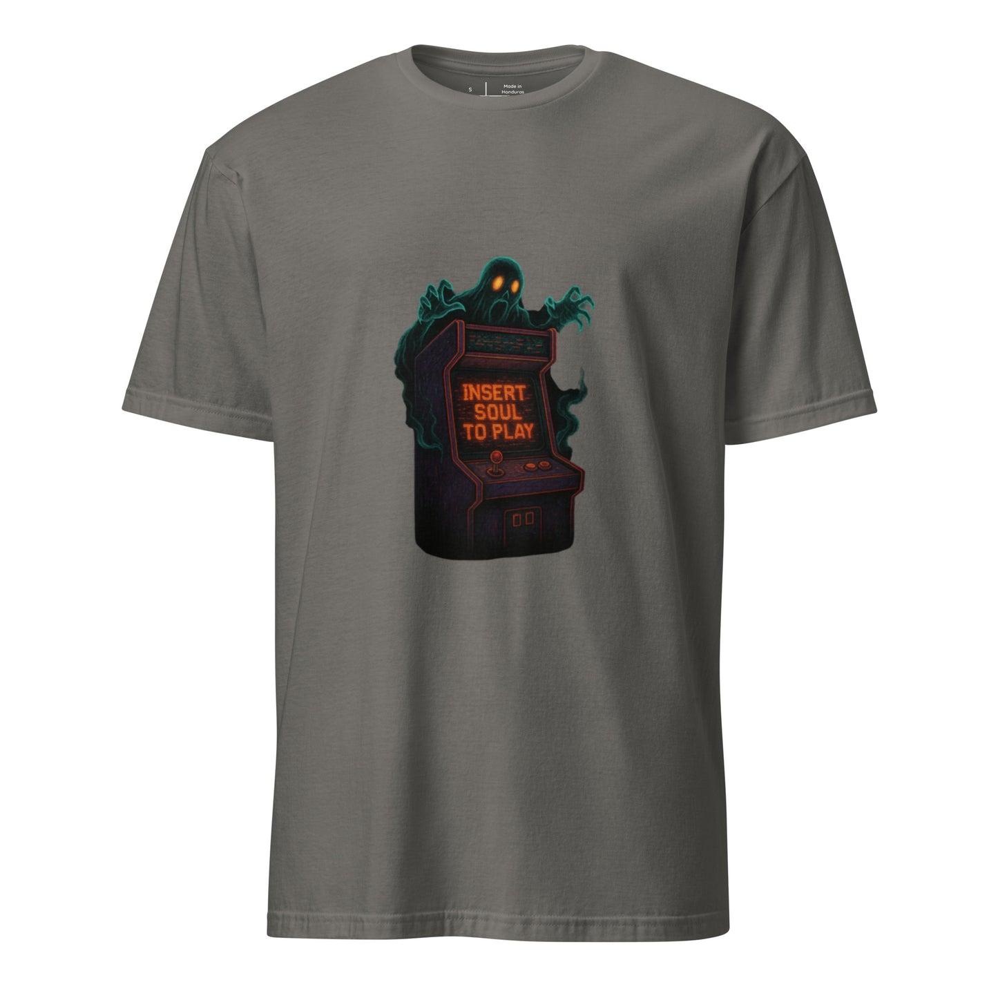 Haunted Neon Arcade Machine – “Insert Soul to Play” Retro Horror - Short-Sleeve Unisex T-Shirt - Graphic Tee - Charcoal - Front