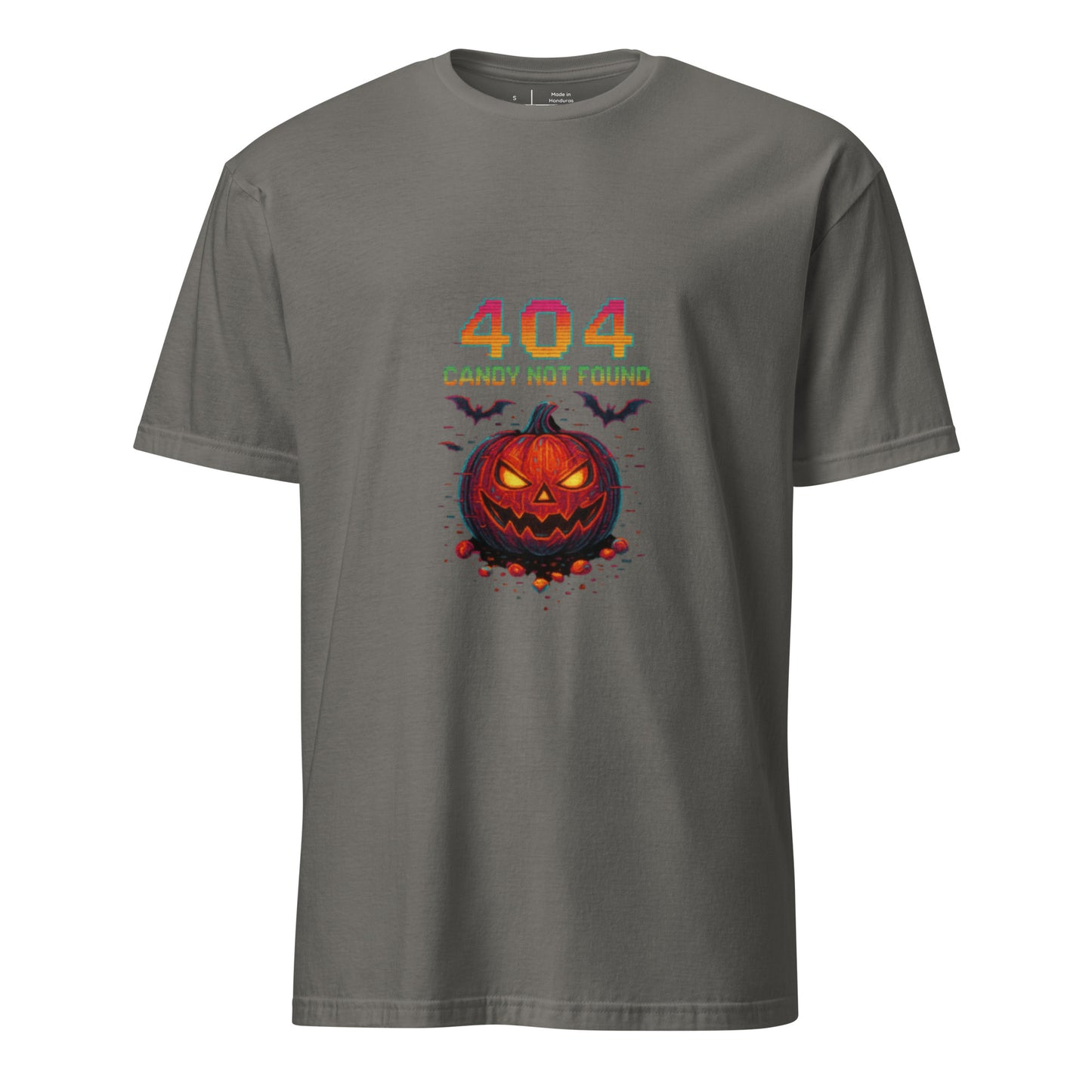 404 Candy Not Found – Cyberpunk Pumpkin Glitch - Short-Sleeve Unisex T-Shirt - Graphic Tee - Charcoal - Front