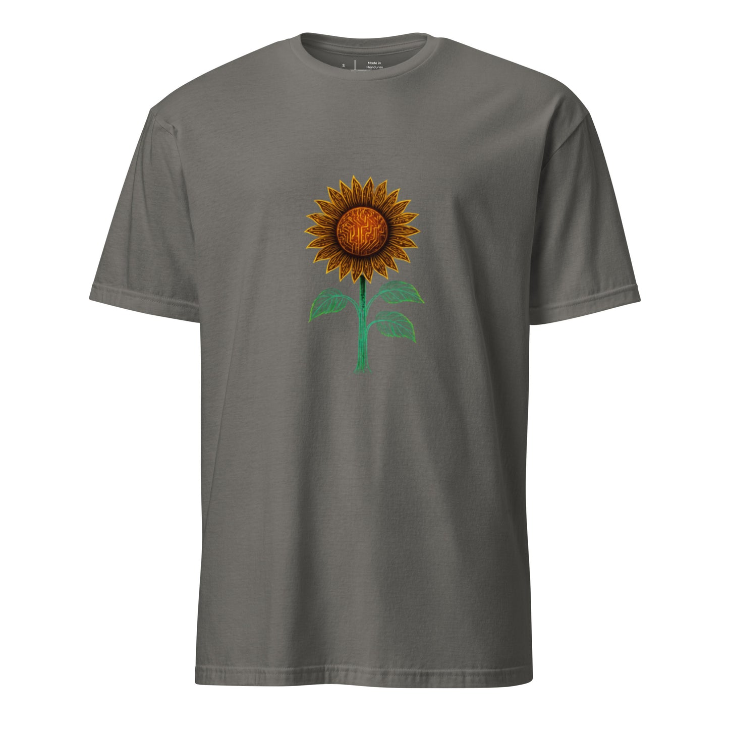 Circuitry Sunflower – Neon Tech Bloom - Short-Sleeve Unisex T-Shirt - Graphic Tee - Charcoal - Front