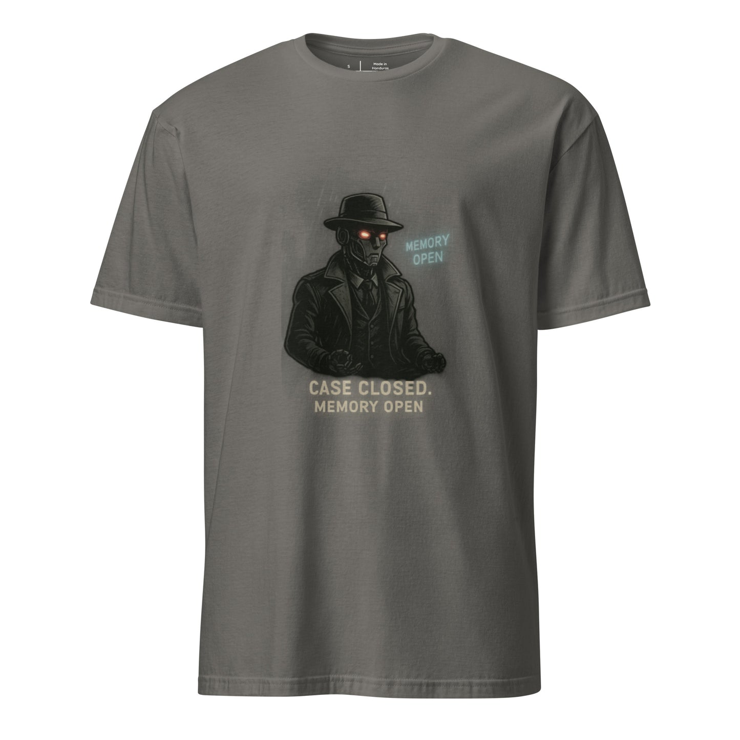 Mecha Noir – Cyberpunk Detective - Short-Sleeve Unisex T-Shirt - Graphic Tee - Charcoal - Front