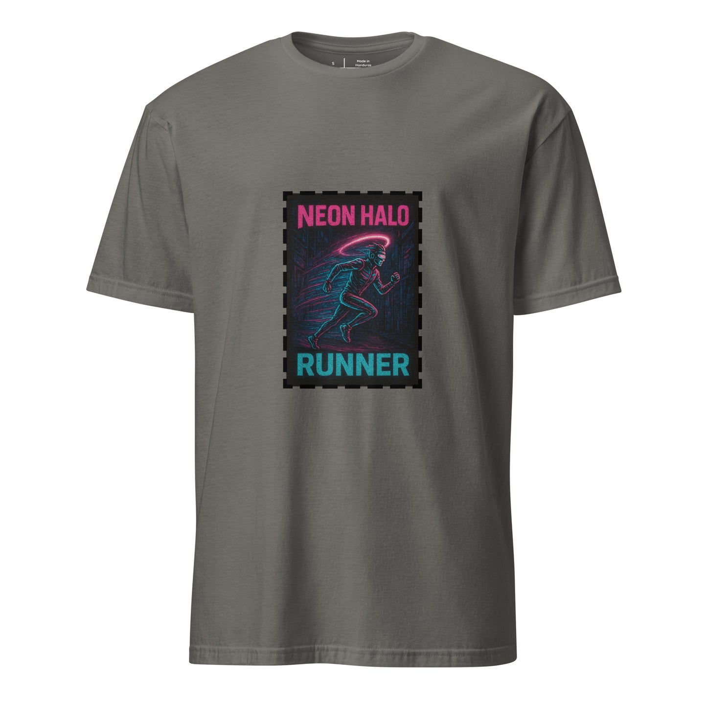 Neon Halo Runner - Cyber Adrenaline - Short-Sleeve Unisex T-Shirt - Graphic Tee - Charcoal - Front