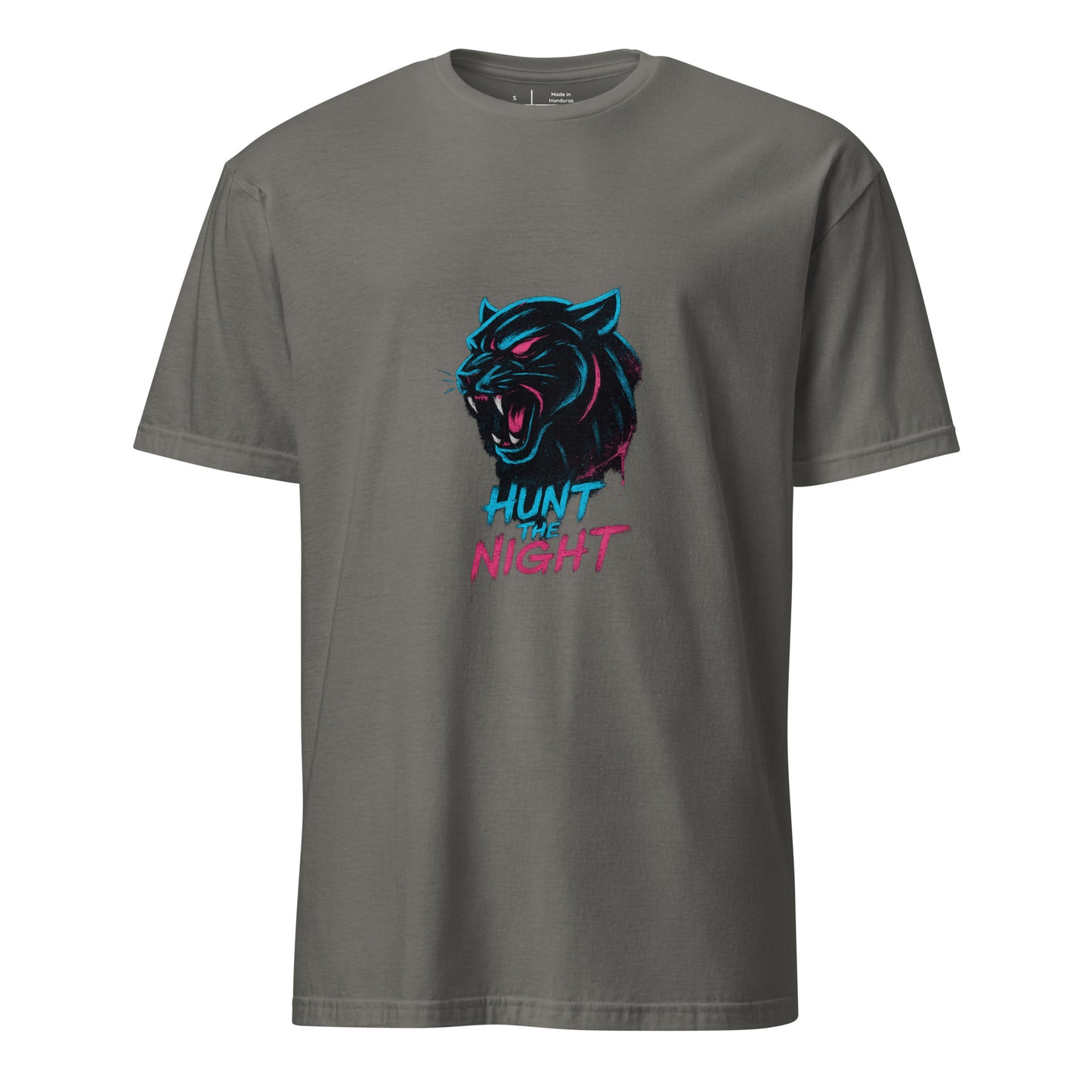 Neon Graff Panther – “Hunt the Night.” - Short-Sleeve Unisex T-Shirt - Graphic Tee - Charcoal - Front