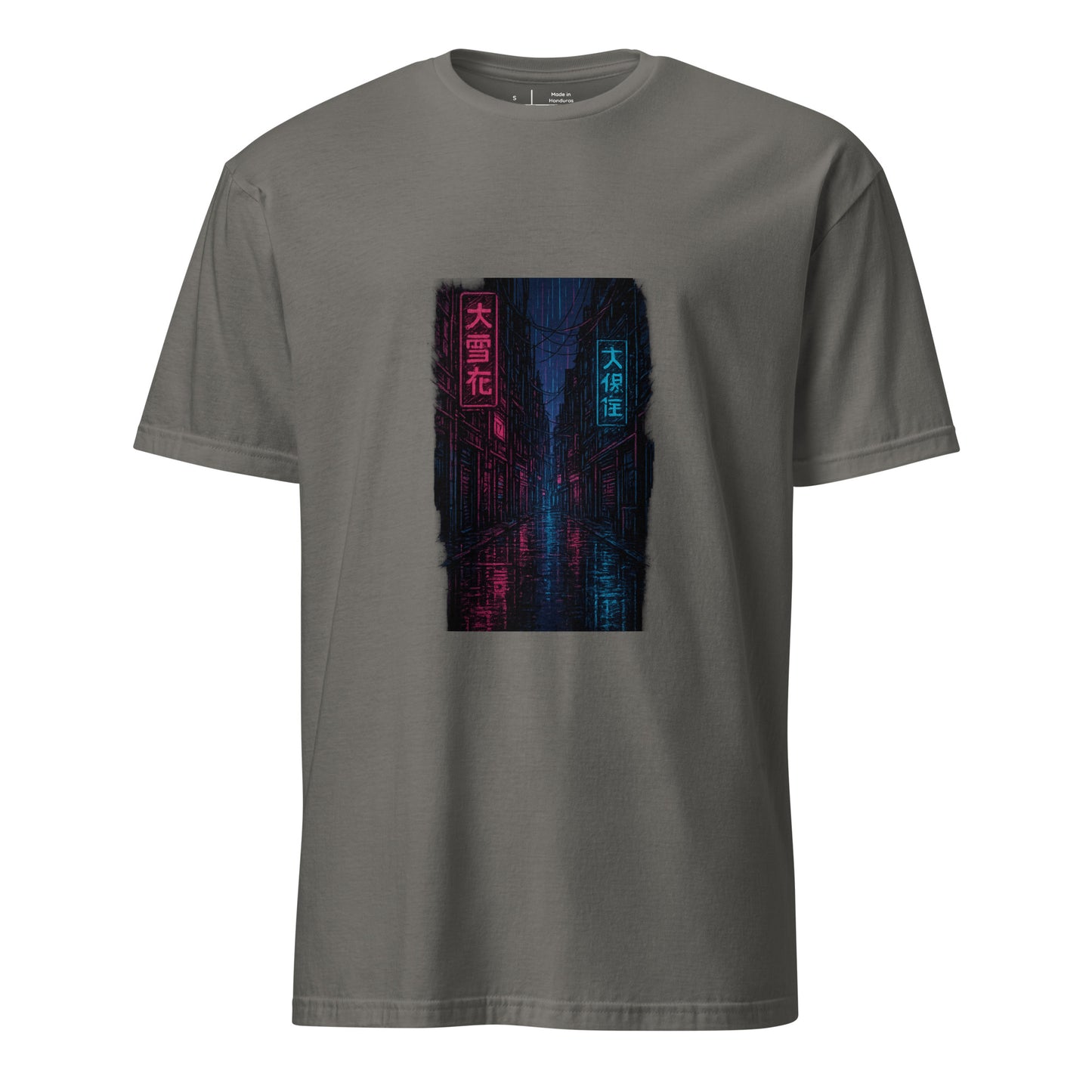 Neon Rain Alley – Cyberpunk Street Art - Short-Sleeve Unisex T-Shirt - Graphic Tee - Charcoal - Front