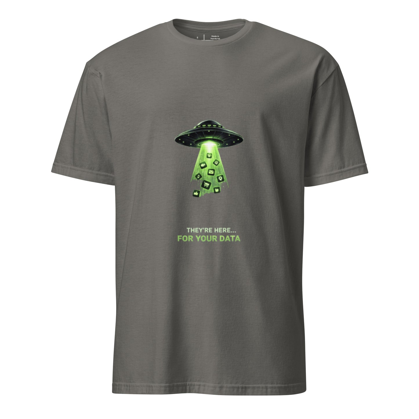 They’re Here… For Your Data – Retro Sci-Fi Parody - Short-Sleeve Unisex T-Shirt - Graphic Tee - Charcoal  - Front