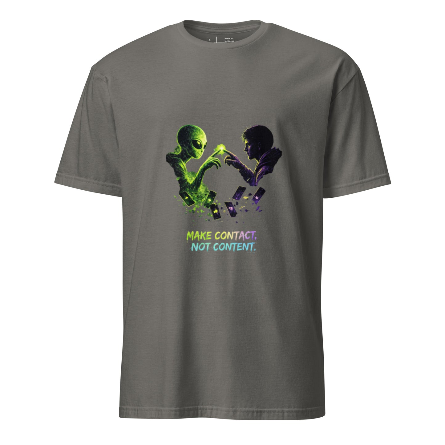 Make Contact, Not Content – Sci-Fi Streetwear - Short-Sleeve Unisex T-Shirt - Graphic Tee - Charcoal - Front