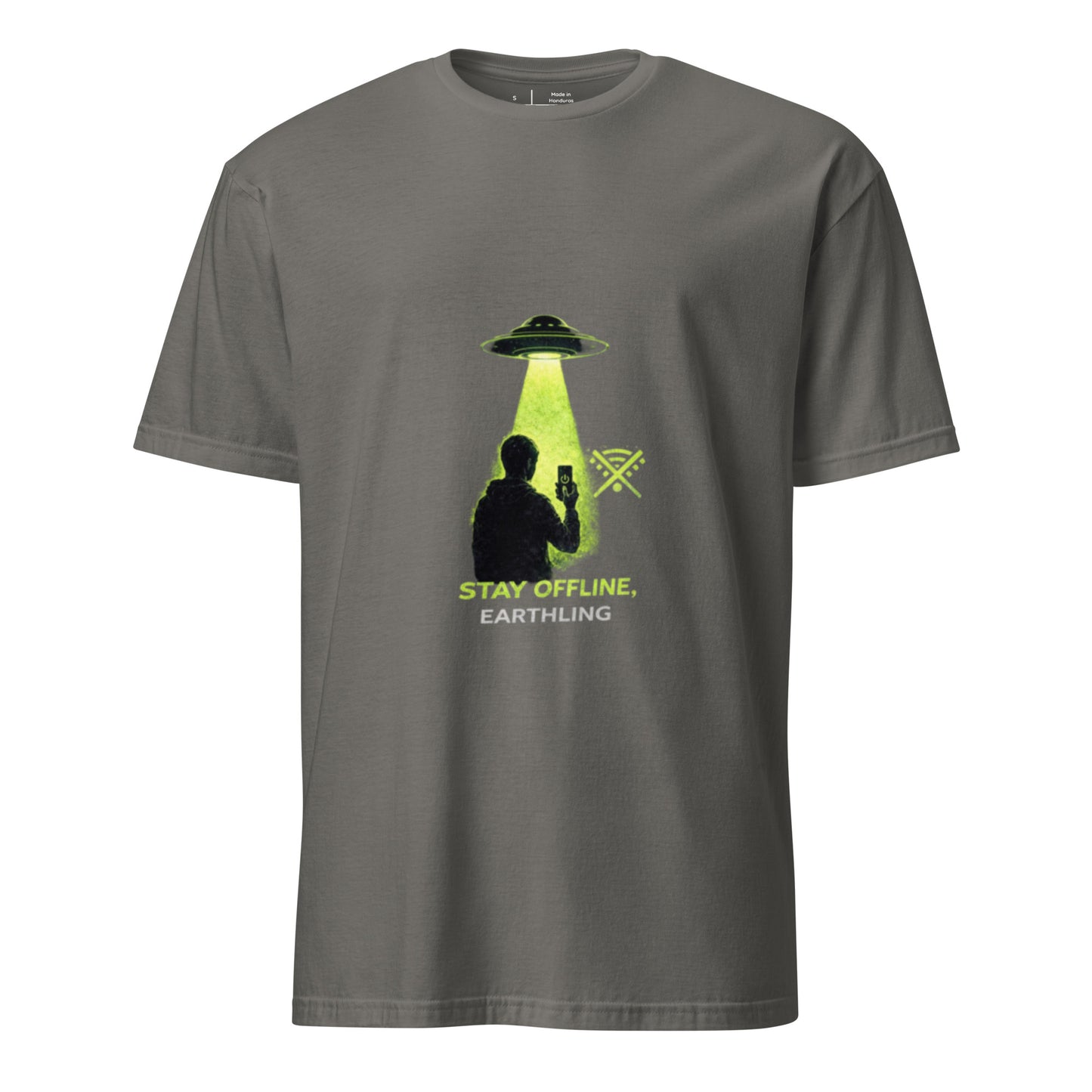 Stay Offline, Earthling – Minimal Sci-Fi Humour - Short-Sleeve Unisex T-Shirt - Graphic Tee - Charcoal - Front