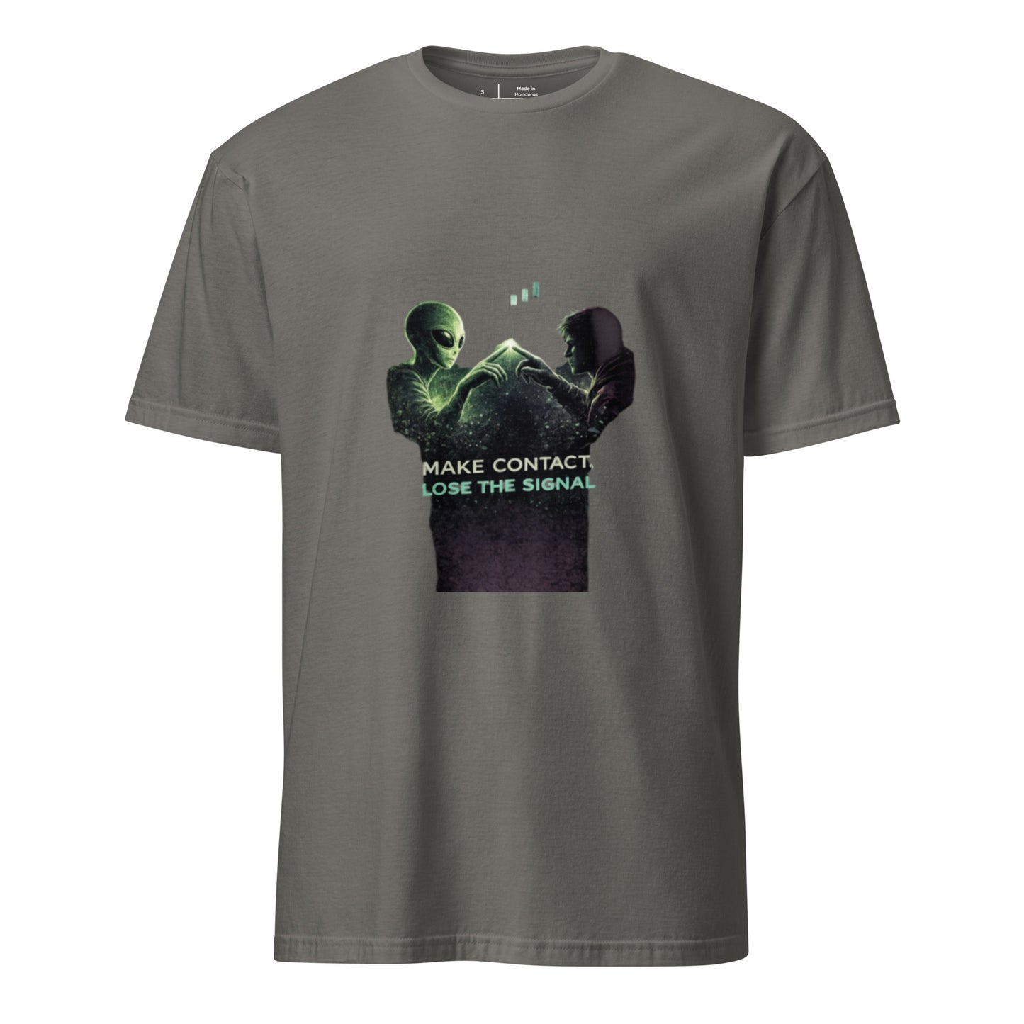 Make Contact, Lose the Signal – Minimal Sci-Fi Streetwear - Short-Sleeve Unisex T-Shirt - Graphic Tee - Charcoal - Front