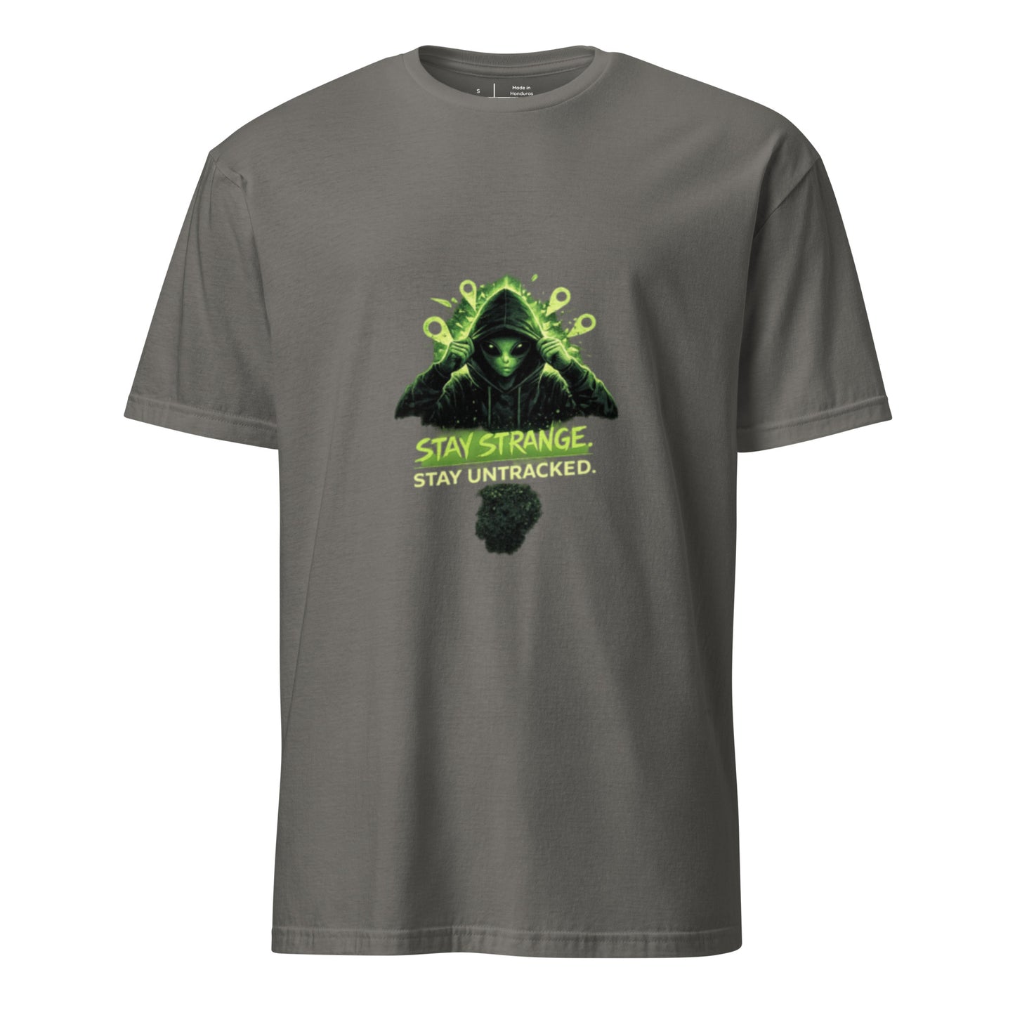Stay Strange. Stay Untracked. – Alien Streetwear - Short-Sleeve Unisex T-Shirt - Graphic Tee - Charcoal - Front