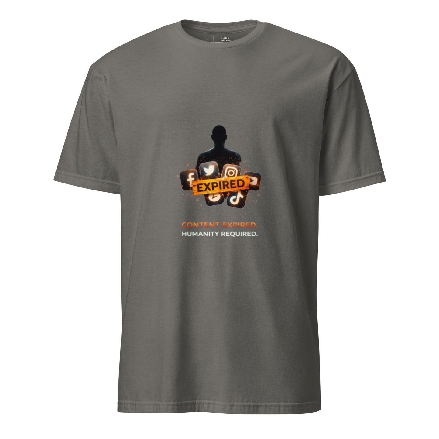 Content Expired. Humanity Required. – Cyber Propaganda - Short-Sleeve Unisex T-Shirt - Graphic Tee - Charcoal - Front