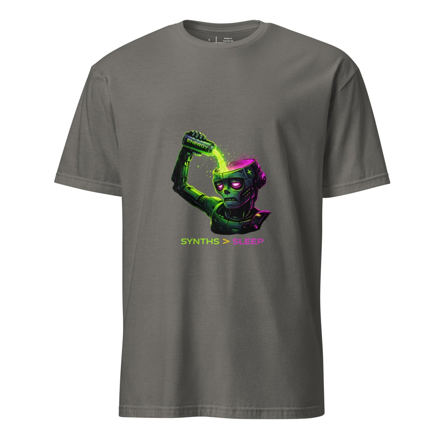 Energy Needed: Synths > Sleep – Cyber Rave - Short-Sleeve Unisex T-Shirt - Graphic Tee - Charcoal - Front