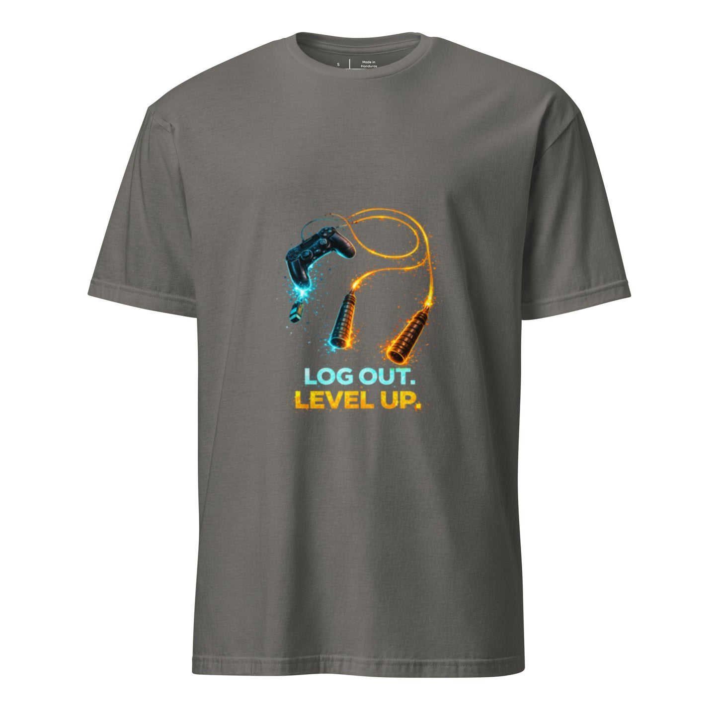 Log Out. Level Up. – Gamer Fitness Motivation - Short-Sleeve Unisex T-Shirt - Graphic Tee - Charcoal - Front