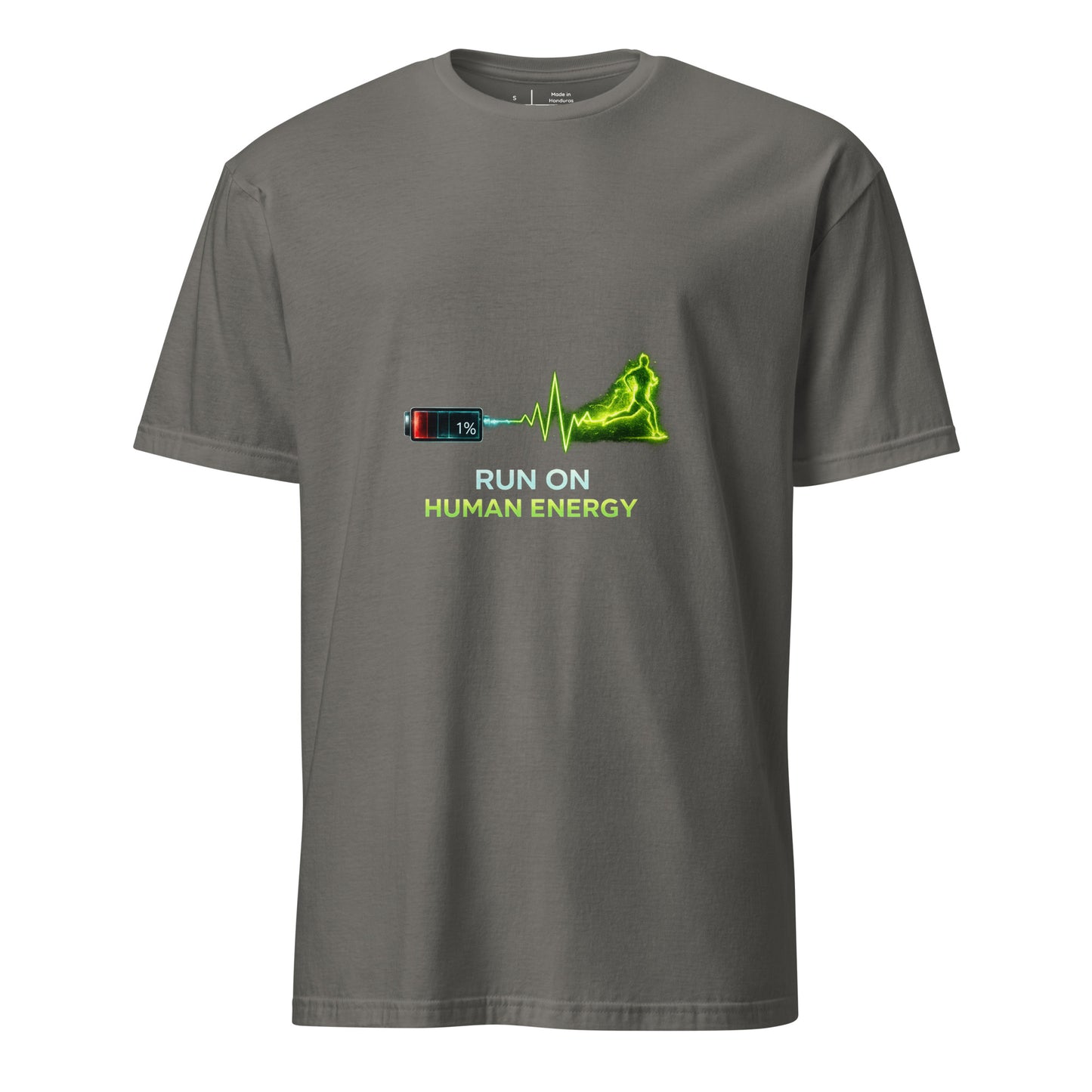 Run On Human Energy – Motivational Fitness - Short-Sleeve Unisex T-Shirt - Graphic Tee - Charcoal - Front