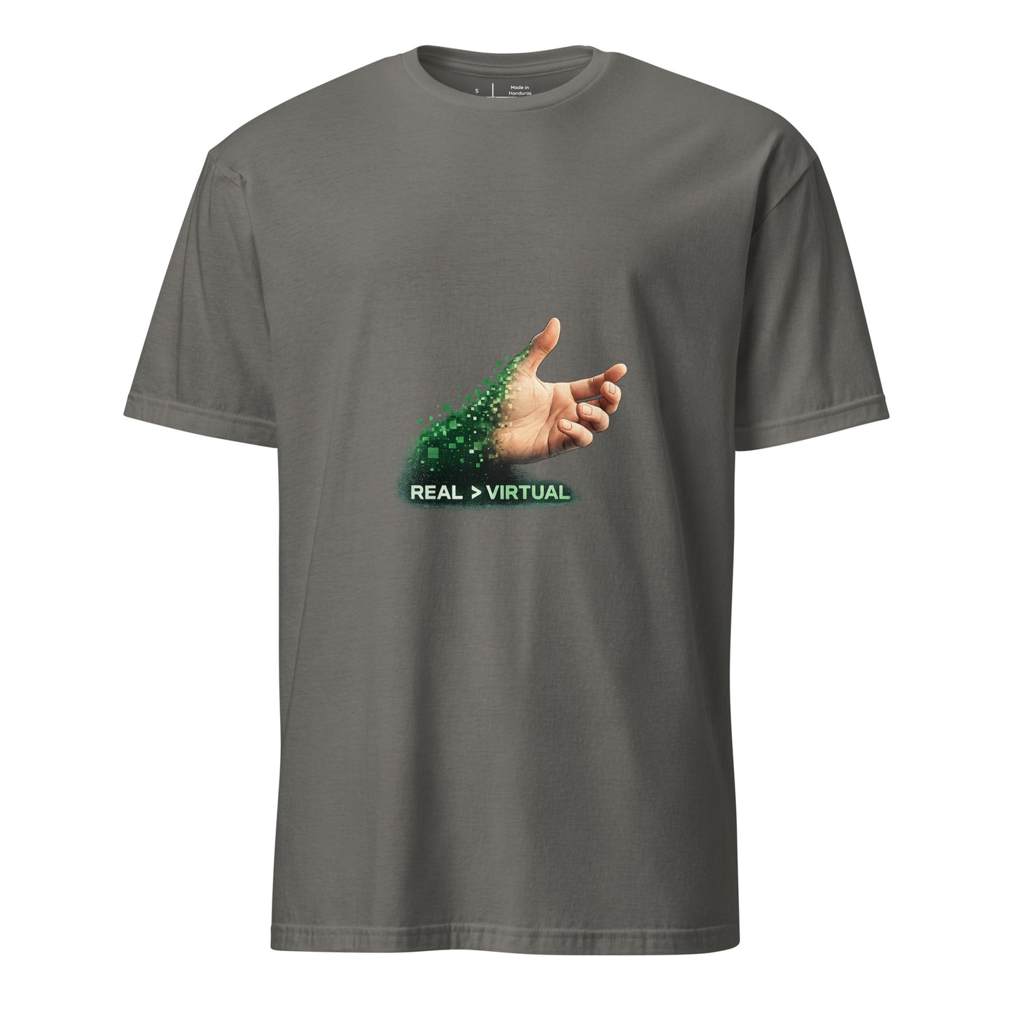 Real > Virtual – Gamer Lifestyle - Short-Sleeve Unisex T-Shirt - Graphic Tee - Charcoal - Front