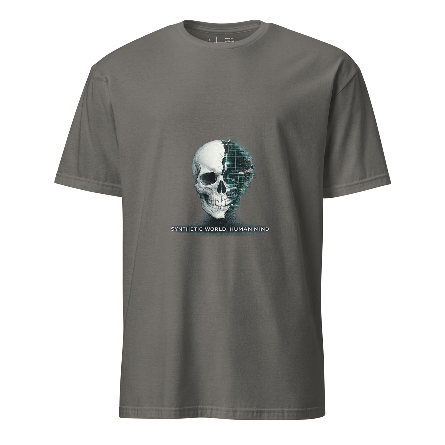 Synthetic World. Human Mind. – Glitch Philosophy - Short-Sleeve Unisex T-Shirt - Graphic Tee - Charcoal - Front