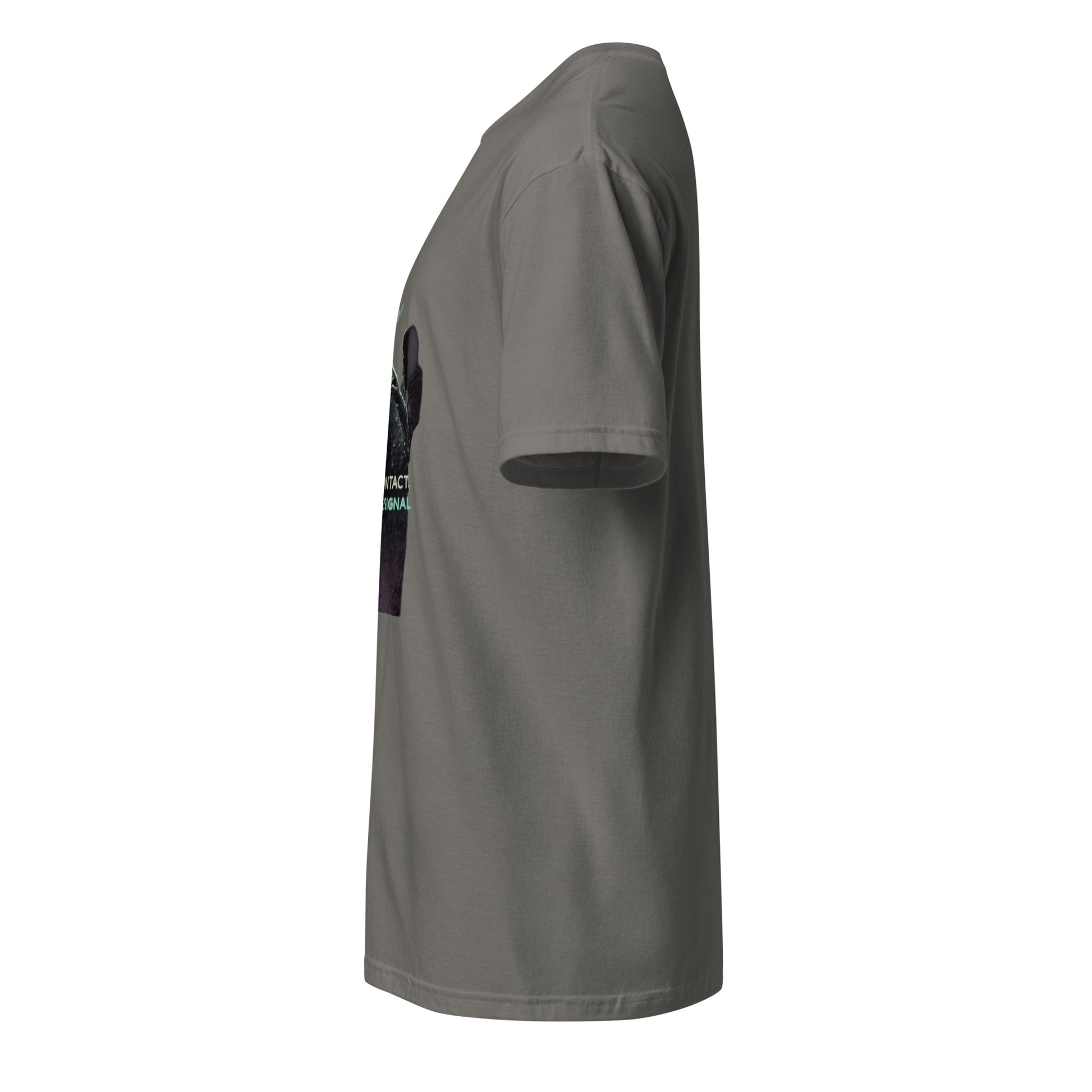 Make Contact, Lose the Signal – Minimal Sci-Fi Streetwear - Short-Sleeve Unisex T-Shirt - Graphic Tee - Charcoal - Left side