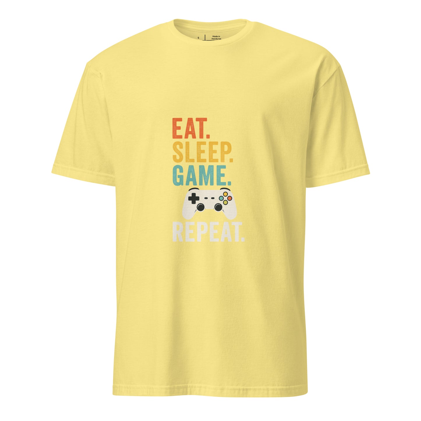 "Eat. Sleep. Game. Repeat." Retro Gamer - Short-Sleeve Unisex T-Shirt - Graphic Tee - Cornsilk - Front