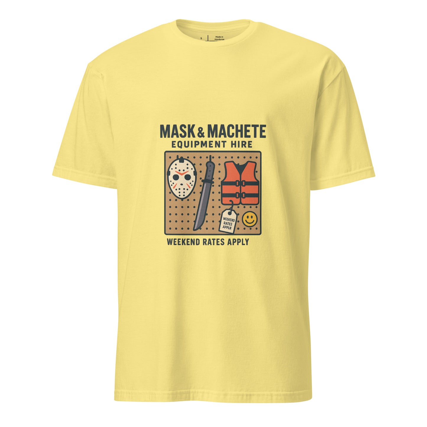 Mask & Machete Equipment Hire – For All Your Slasher Needs - Short-Sleeve Unisex T-Shirt - Graphic Tee - Cornsilk - Front