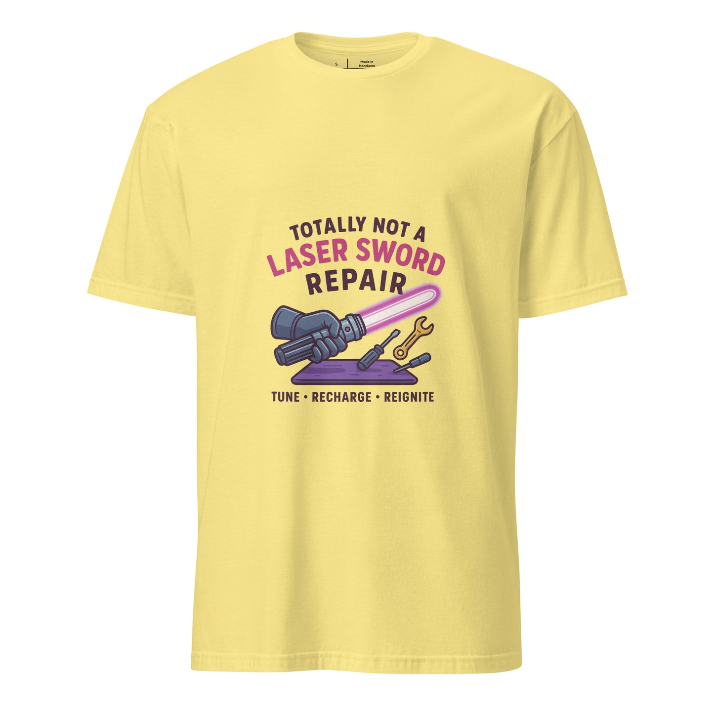 Totally Not A Laser Sword Repair – Galactic Fixes, Off The Books - Short-Sleeve Unisex T-Shirt - Graphic Tee -
Cornsilk - Front
