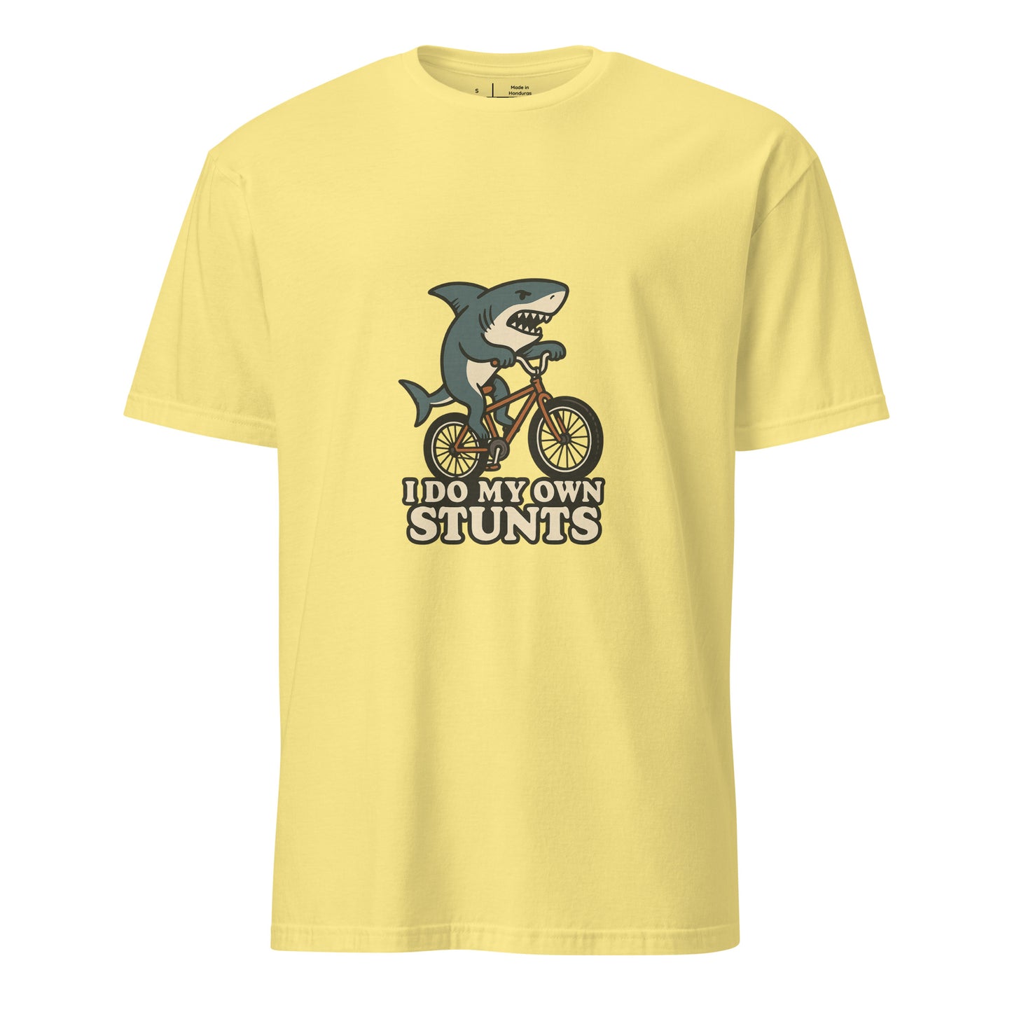 I Do My Own Stunts – Cartoon Shark BMX  - Short-Sleeve Unisex T-Shirt - Graphic Tee - Cornsilk - Front