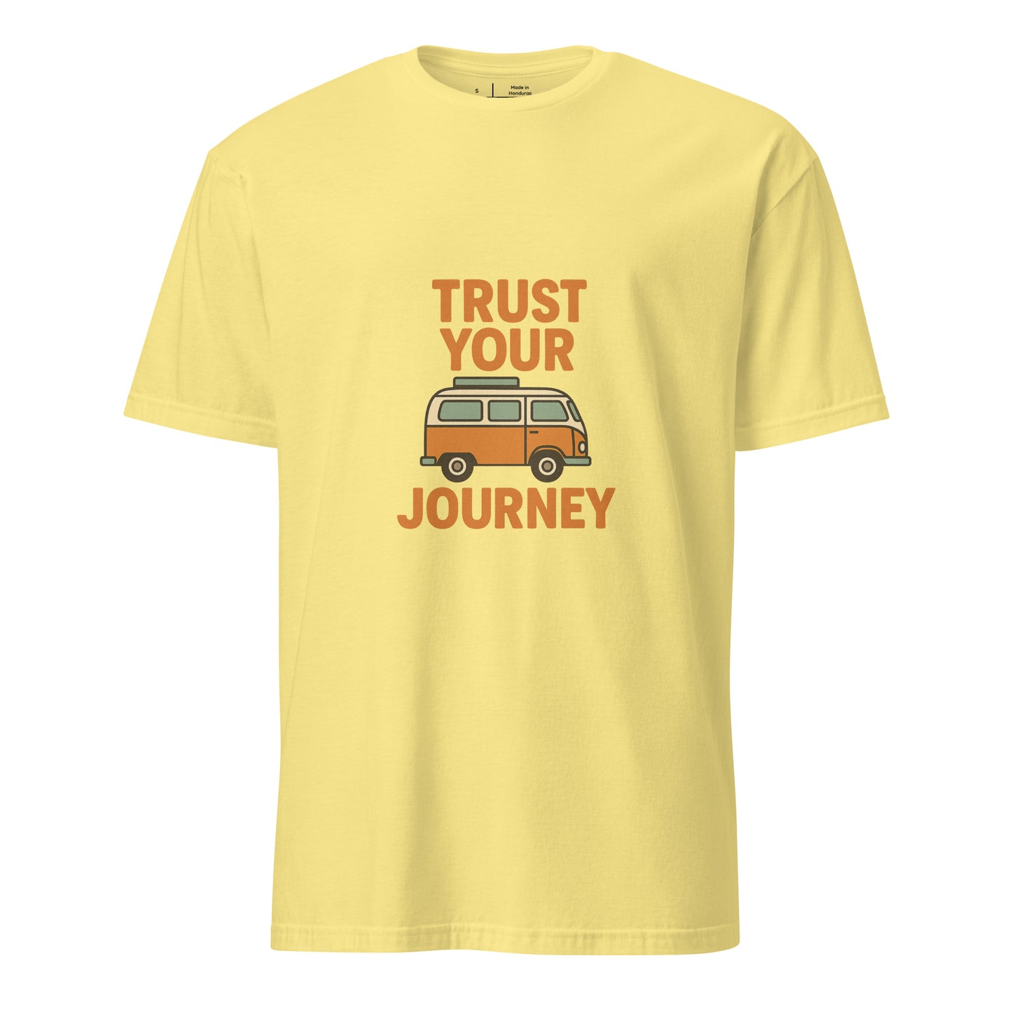 Trust Your Journey – Retro Camper Van - Short-Sleeve Unisex T-Shirt - Graphic Tee - Cornsilk - Front