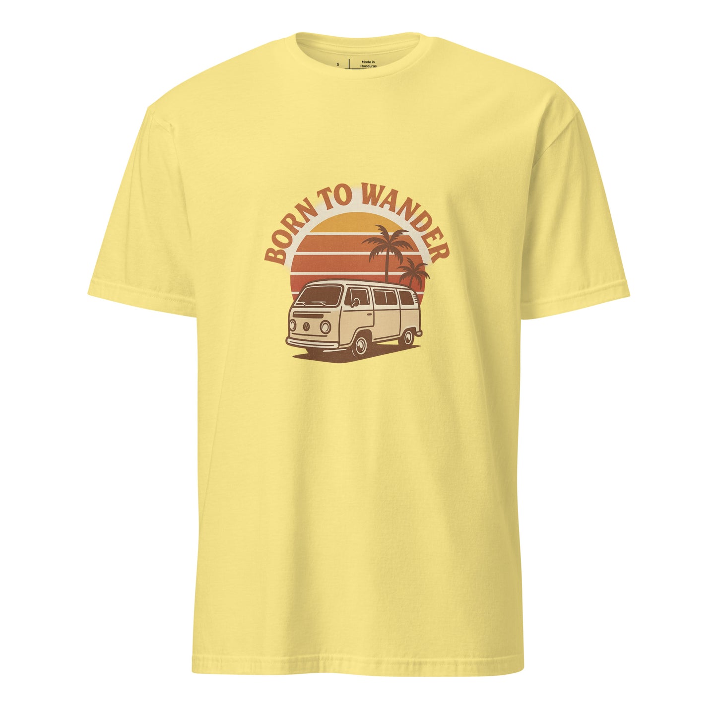 Born To Wander – Sunset Camper Edition - Short-Sleeve Unisex T-Shirt - Graphic Tee - Cornsilk - Front