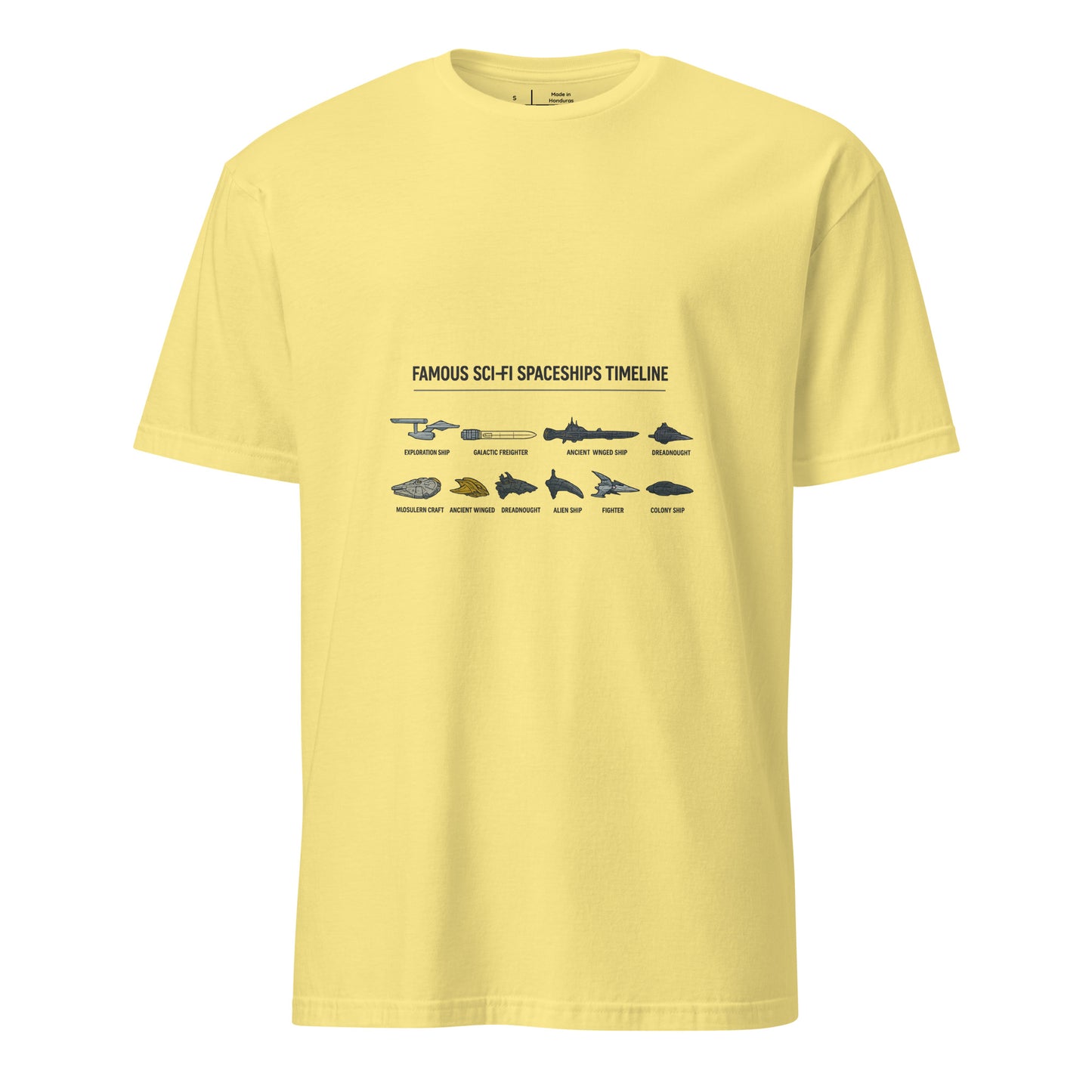 Famous Sci-Fi Starships Timeline – Legendary Vessels - Short-Sleeve Unisex T-Shirt - Graphic Tee -
Cornsilk - Front