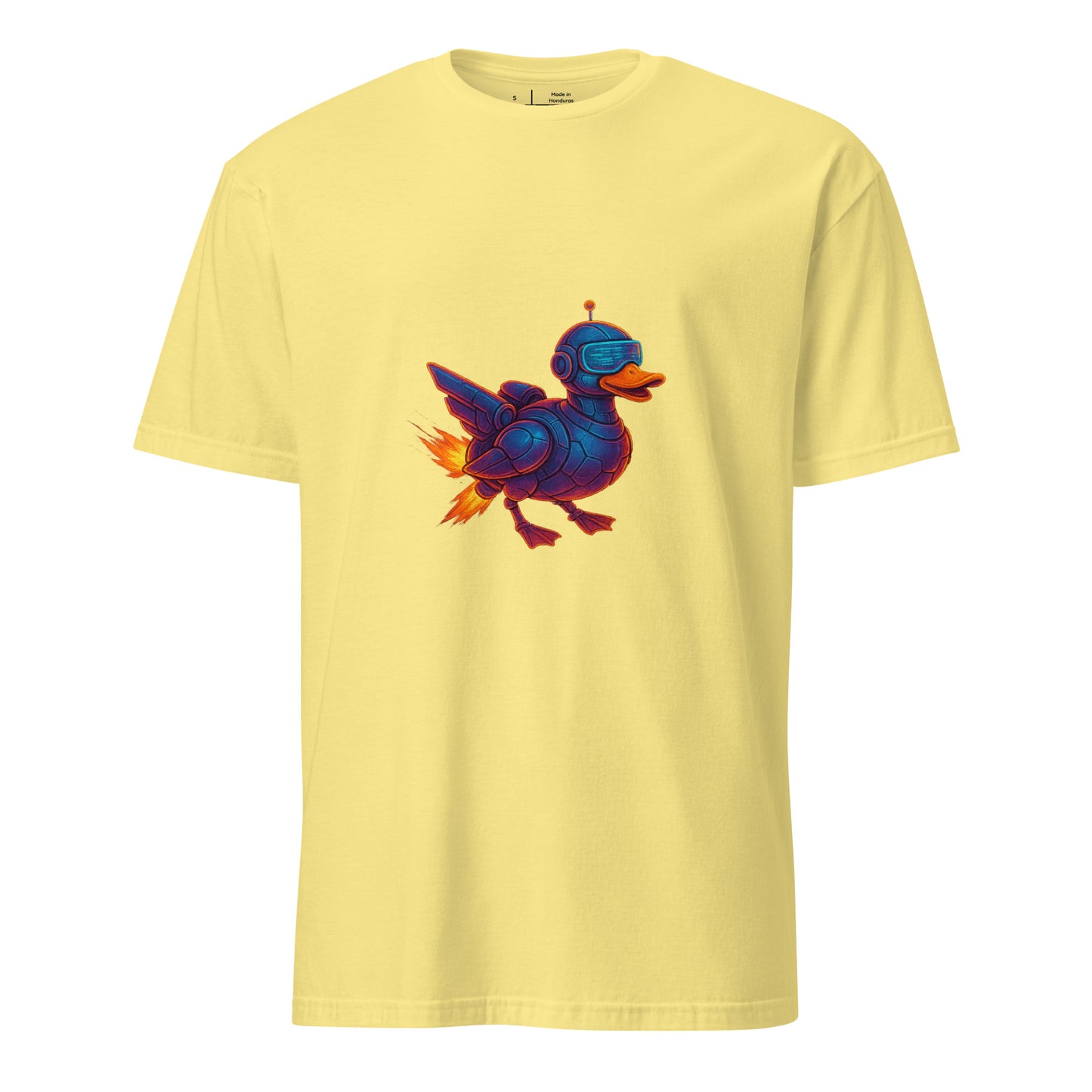 Cyber Duck – Quirky Futuristic Streetwear - Short-Sleeve Unisex T-Shirt - Graphic Tee - Cornsilk - Front