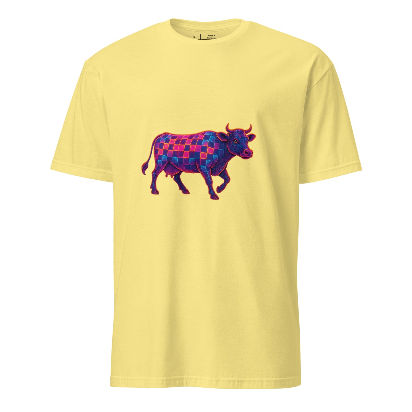 Cyber Cow – Futuristic Neon Bovine - Short-Sleeve Unisex T-Shirt - Graphic Tee - Cornsilk - Front