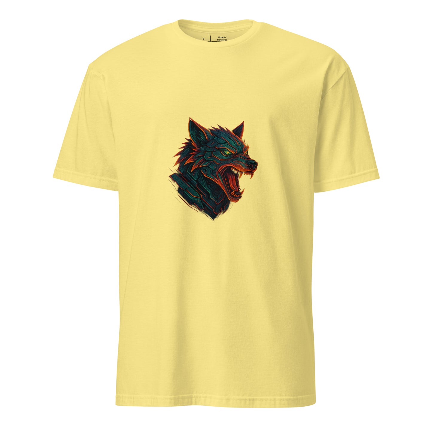 The Wolf Overdrive – Cyber Wolf Unleashed - Short-Sleeve Unisex T-Shirt - Graphic Tee - Cornsilk - Front