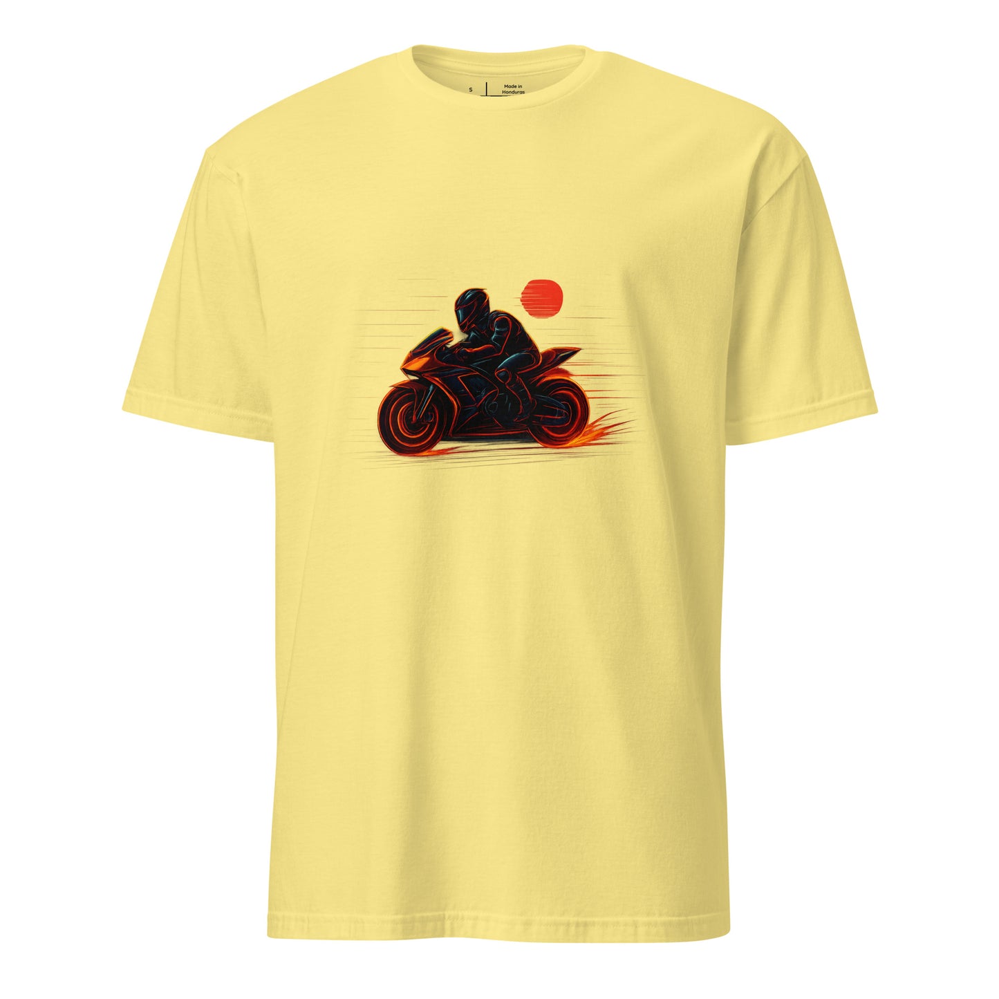 Neon Rider – Blaze Through the Digital Highway - Short-Sleeve Unisex T-Shirt - Graphic Tee - Cornsilk - Front