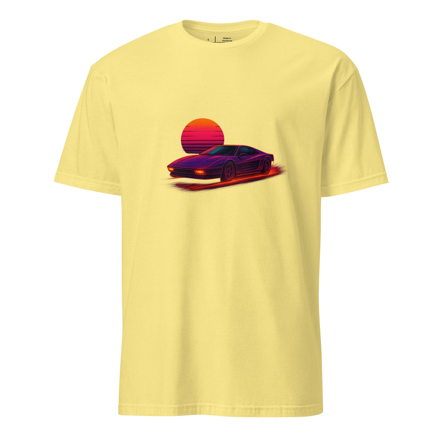 Synthwave Supercar – Race Into The Neon Future - Short-Sleeve Unisex T-Shirt - Graphic Tee - Cornsilk - Front