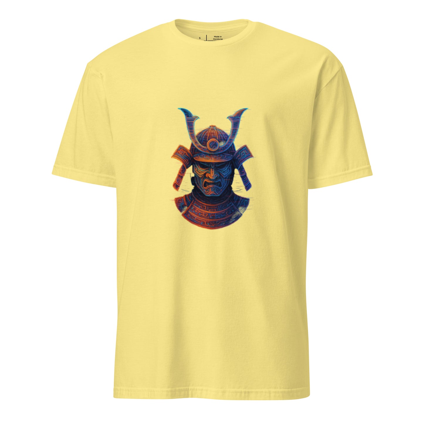 Holographic Samurai Helmet – Neon Warrior - Short-Sleeve Unisex T-Shirt - Graphic Tee - Cornsilk - Front