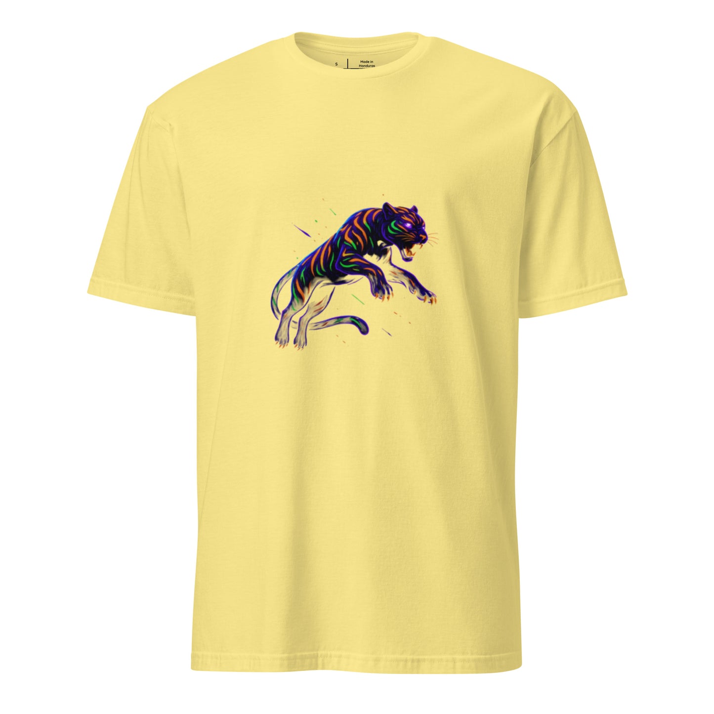 Rave Panther – Neon Tribal Predator - Short-Sleeve Unisex T-Shirt - Graphic Tee - Cornsilk - Front