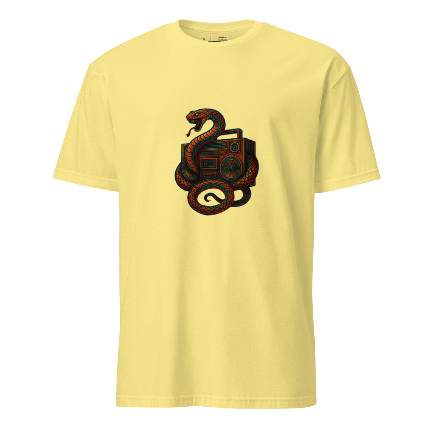 Bassline Serpent – Snake & Soundwaves - Short-Sleeve Unisex T-Shirt - Graphic Tee - Cornsilk - Front