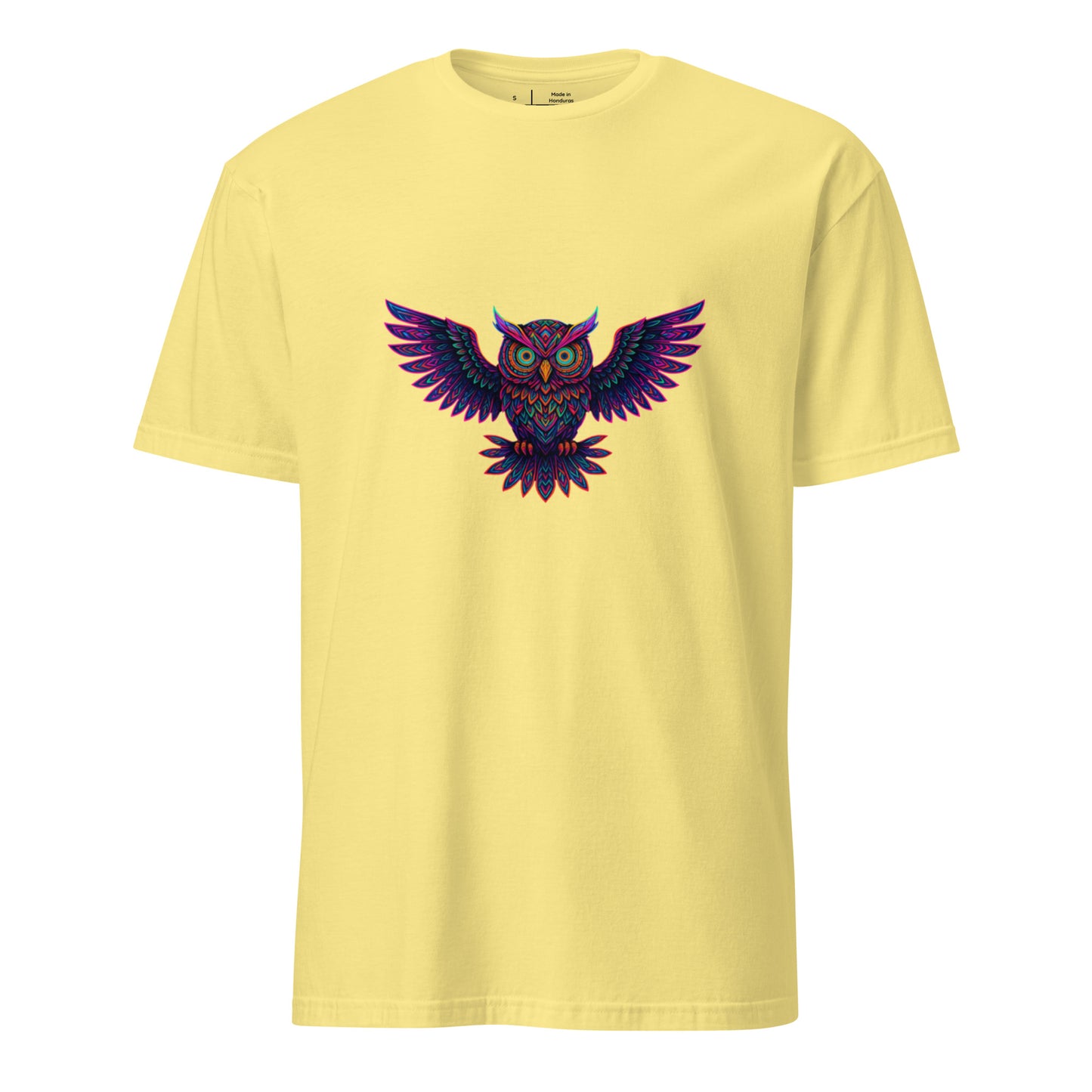 Psychedelic Owl – Trippy Neon Vision - Short-Sleeve Unisex T-Shirt - Graphic Tee - Cornsilk - Front