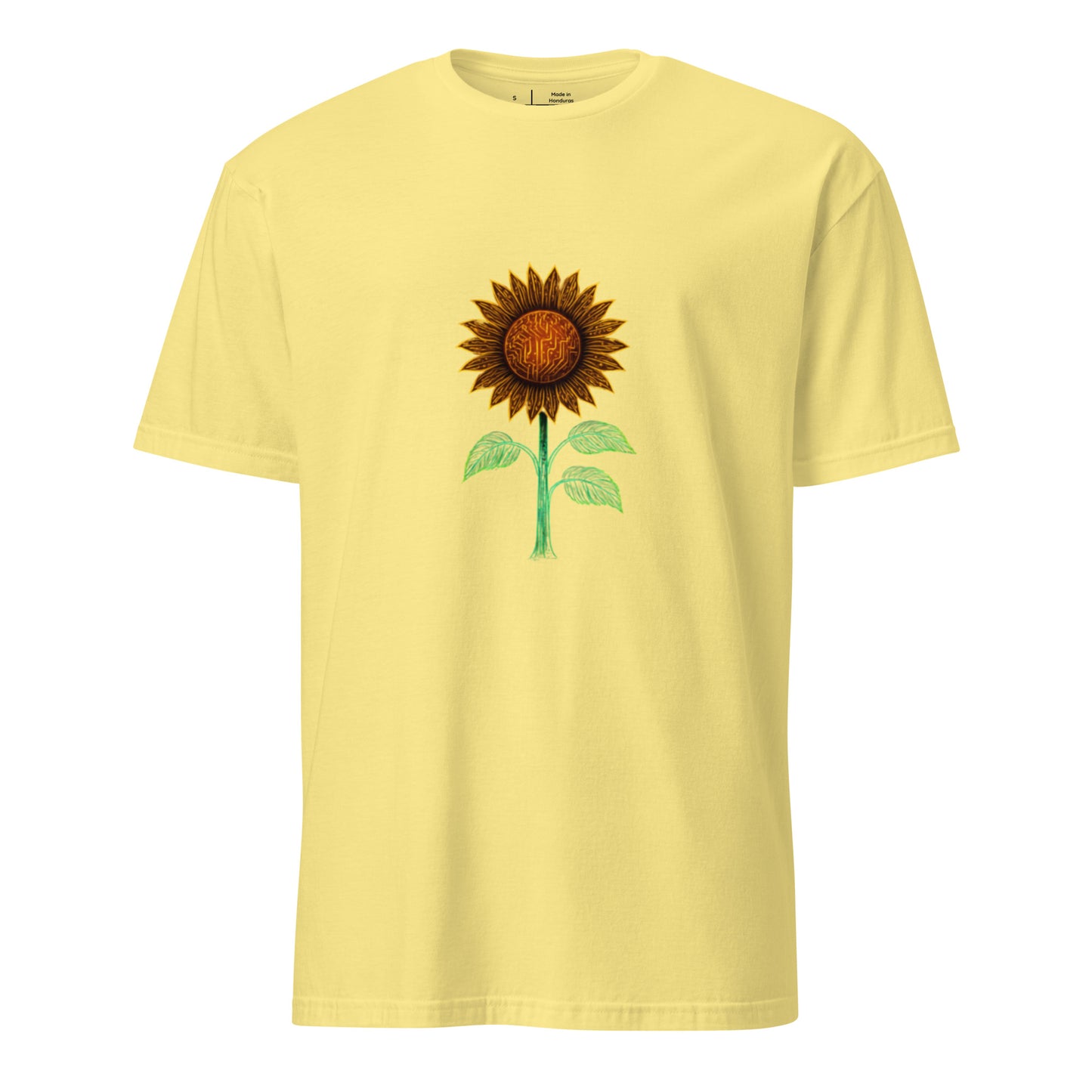 Circuitry Sunflower – Neon Tech Bloom - Short-Sleeve Unisex T-Shirt - Graphic Tee - Cornsilk - Front