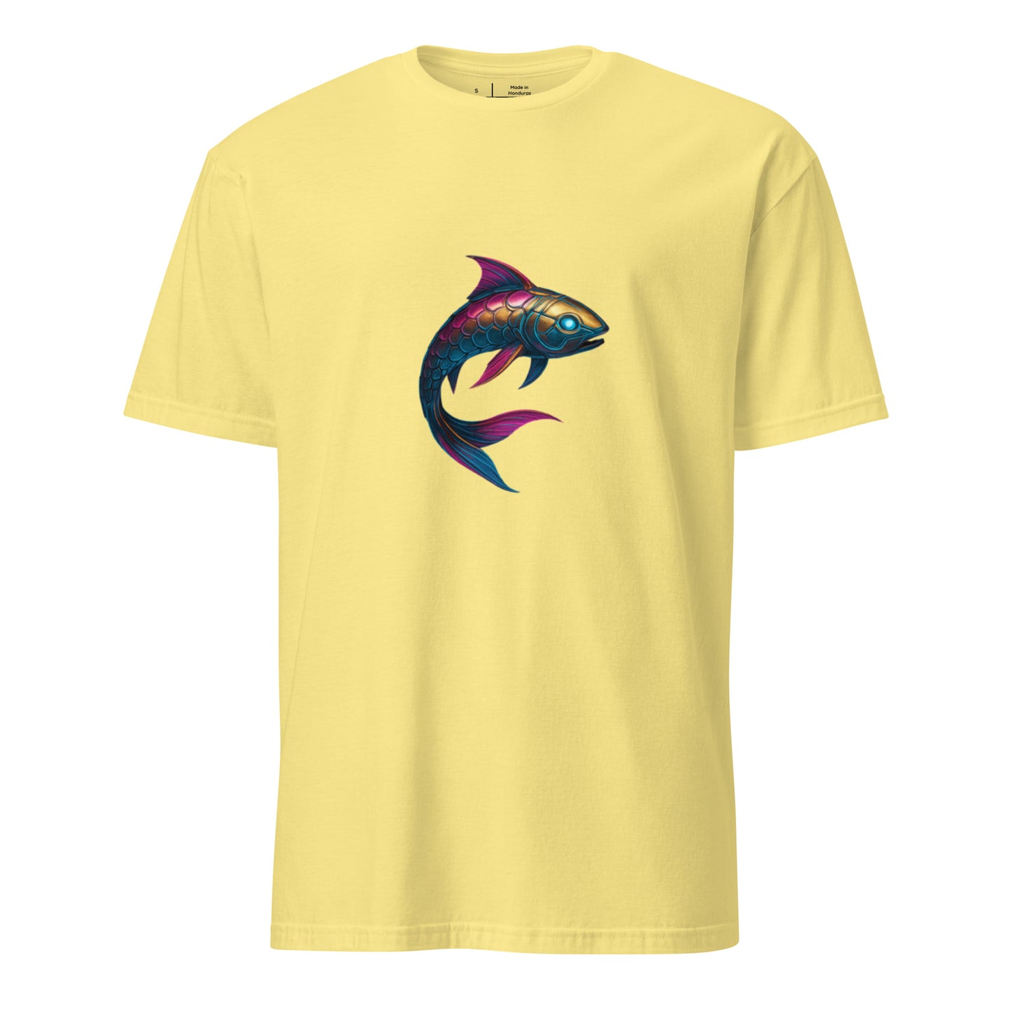 Cyber Koi – Serenity Meets Circuitry - Short-Sleeve Unisex T-Shirt - Graphic Tee - Cornsilk - Front