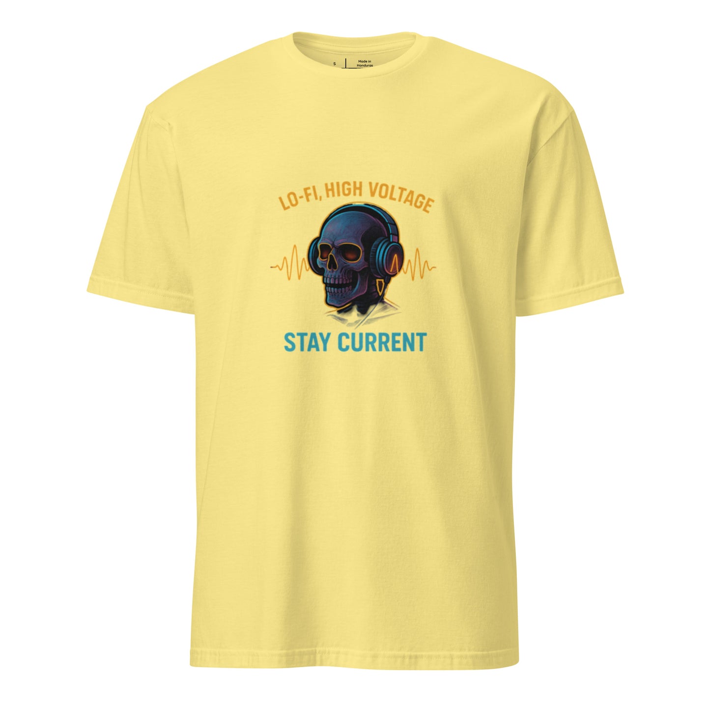 Lo-Fi, High Voltage – Cyberpunk Skull Music - Short-Sleeve Unisex T-Shirt - Graphic Tee - Cornsilk - Front